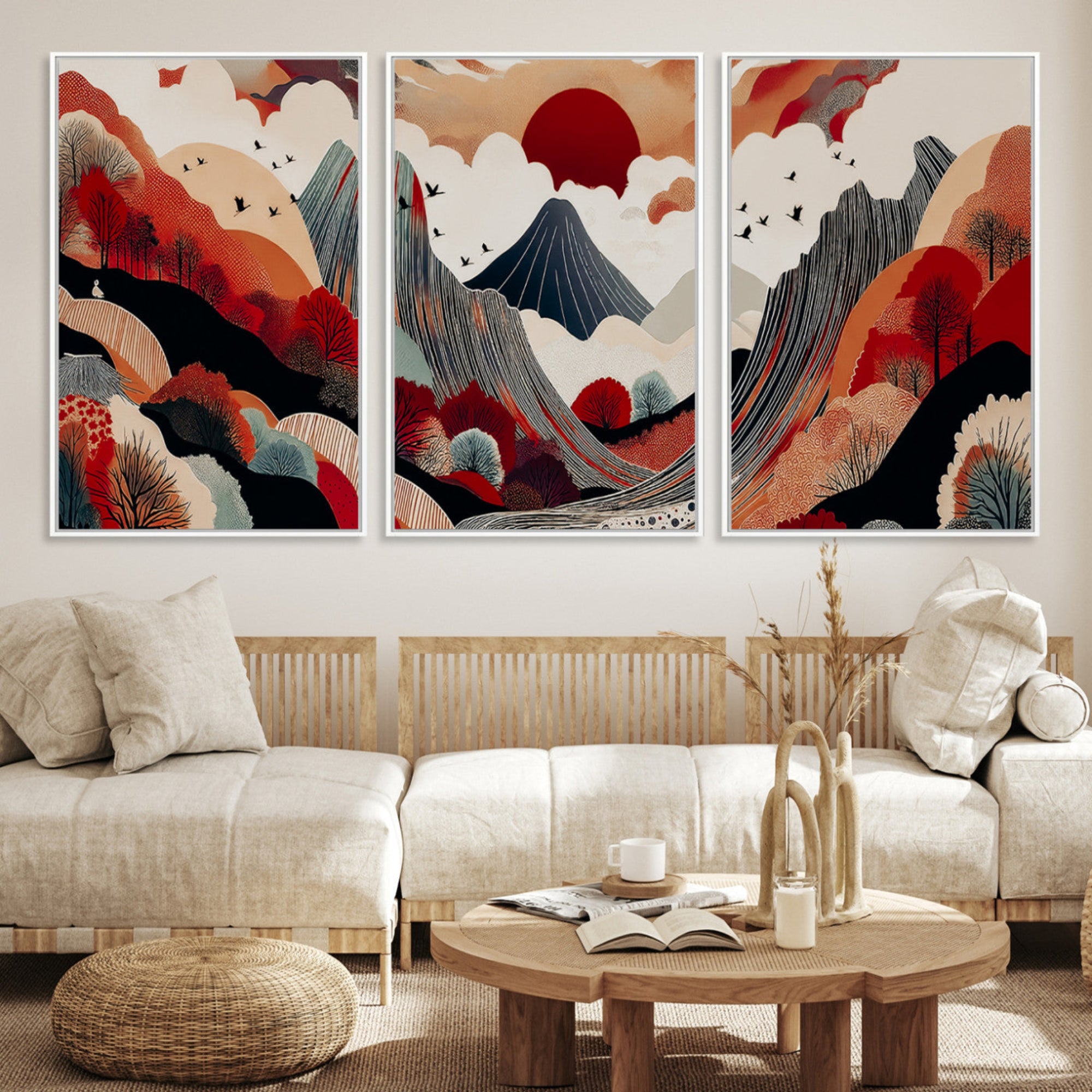 Abstract nature illustration with a red sun, mountains, and vibrant landscapes in graphic style, perfect for contemporary minimalist home decor. Ideal for modern spaces.
