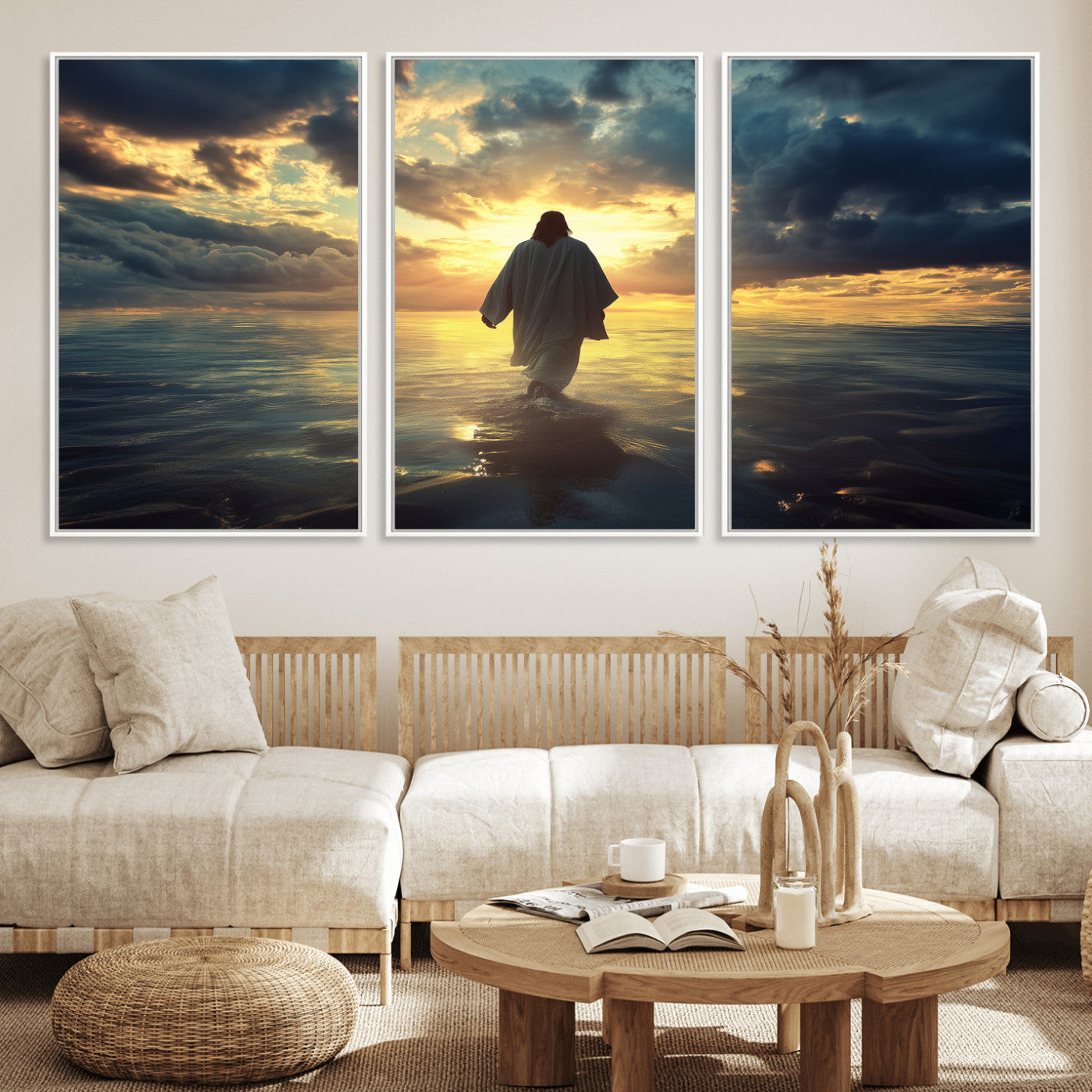 MGV-FC-60X30-3P - Jesus Walks Wall Art Canvas Print, Framed Divine Sunset Art Picture Print, Spiritual Light Perfect Spiritual Tranquil Decor Artwork