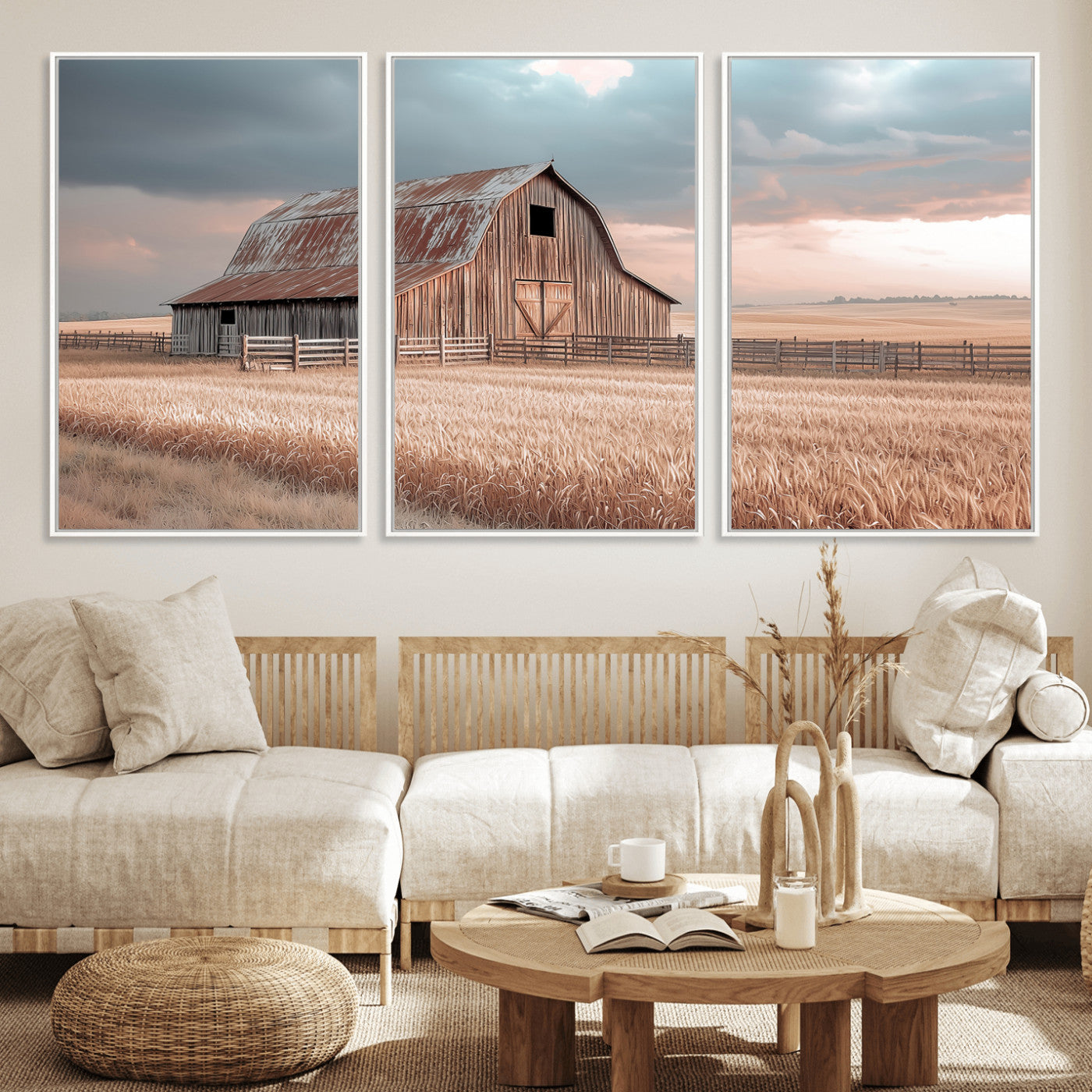 MGV-FC-60X30-3P - Rustic Barn Wall Art Canvas Print, Framed Wheat Field Art Picture Print, Sunset Barn Perfect Vintage Farmhouse Decor Artwork