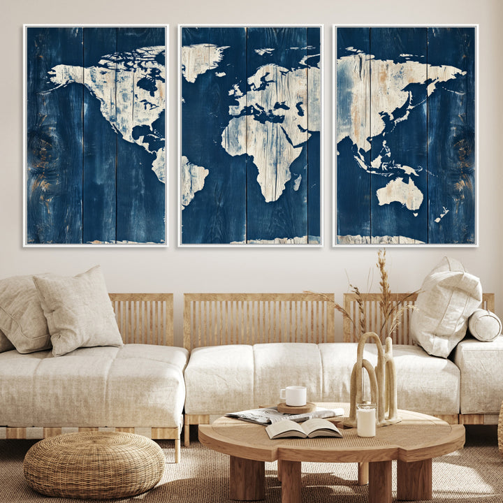 World Map Wall Art Canvas Print, Rustic Map Print, Framed Wooden World Map Art Print, Large Antique Map Decor Printing Perfect for Vintage Decor