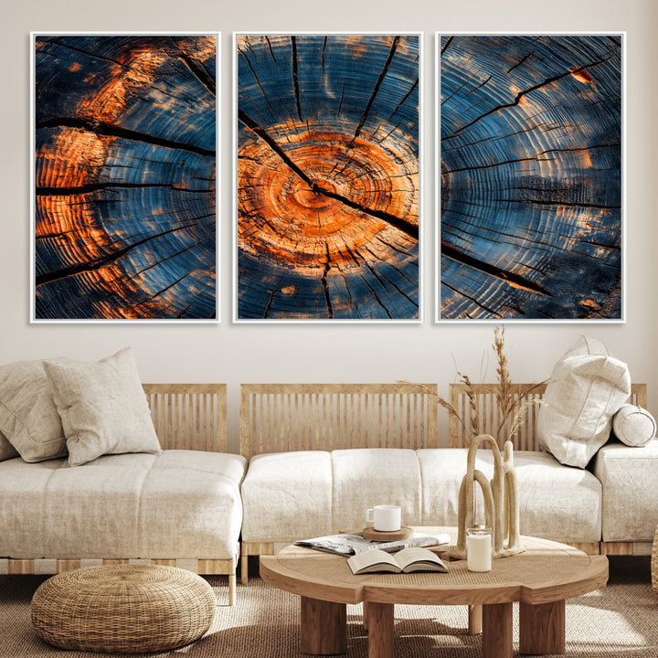 Burnt Wood Wall Art Canvas Print, Aged Timber Print, Framed Rustic Tree Slice Art Print, Large Organic Texture Printing Perfect for Rustic Decor