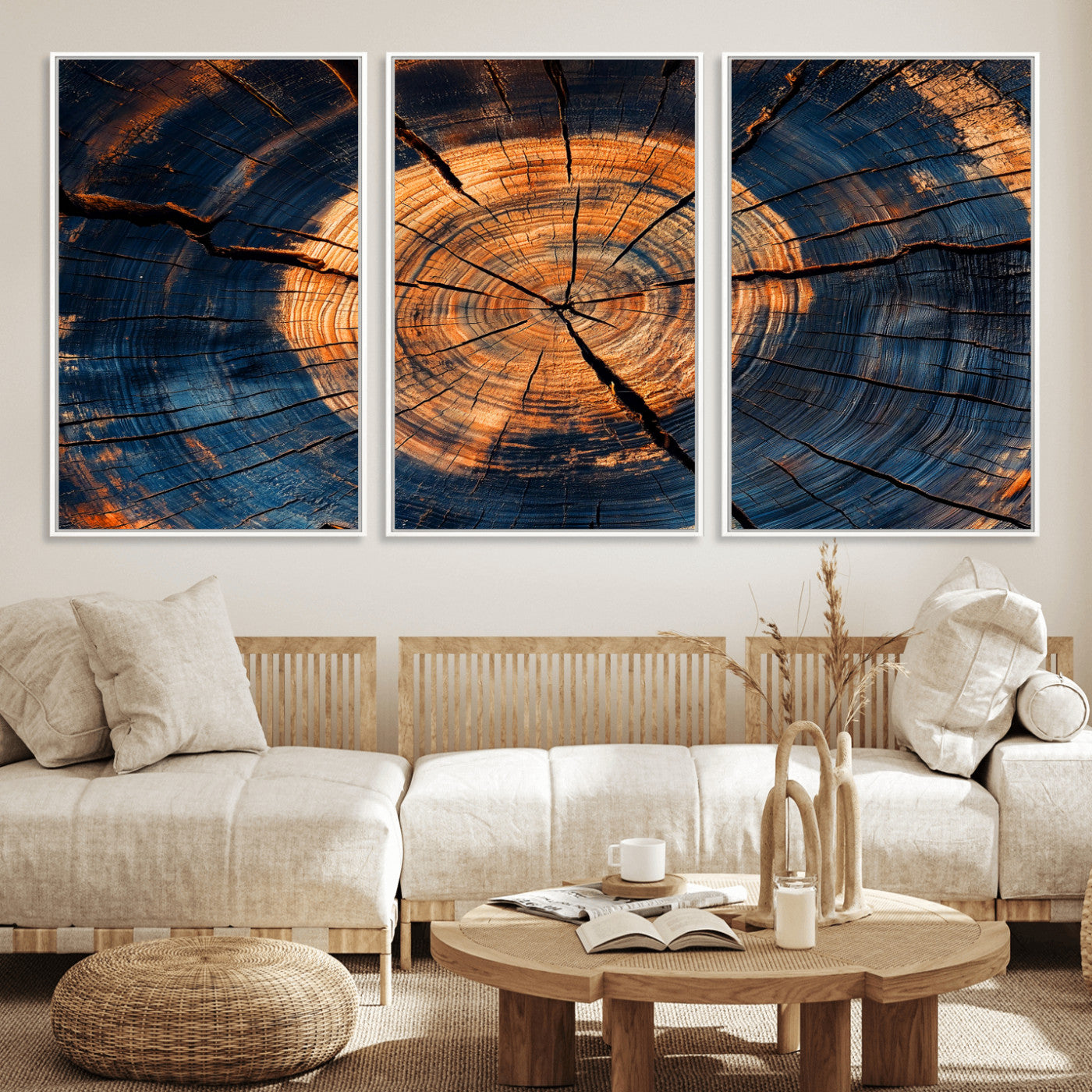 MGV-FC-60X30-3P - Burnt Wood Wall Art Canvas Print, Framed Aged Timber Art Picture Print, Rustic Tree Slice Perfect Rustic Decor Artwork