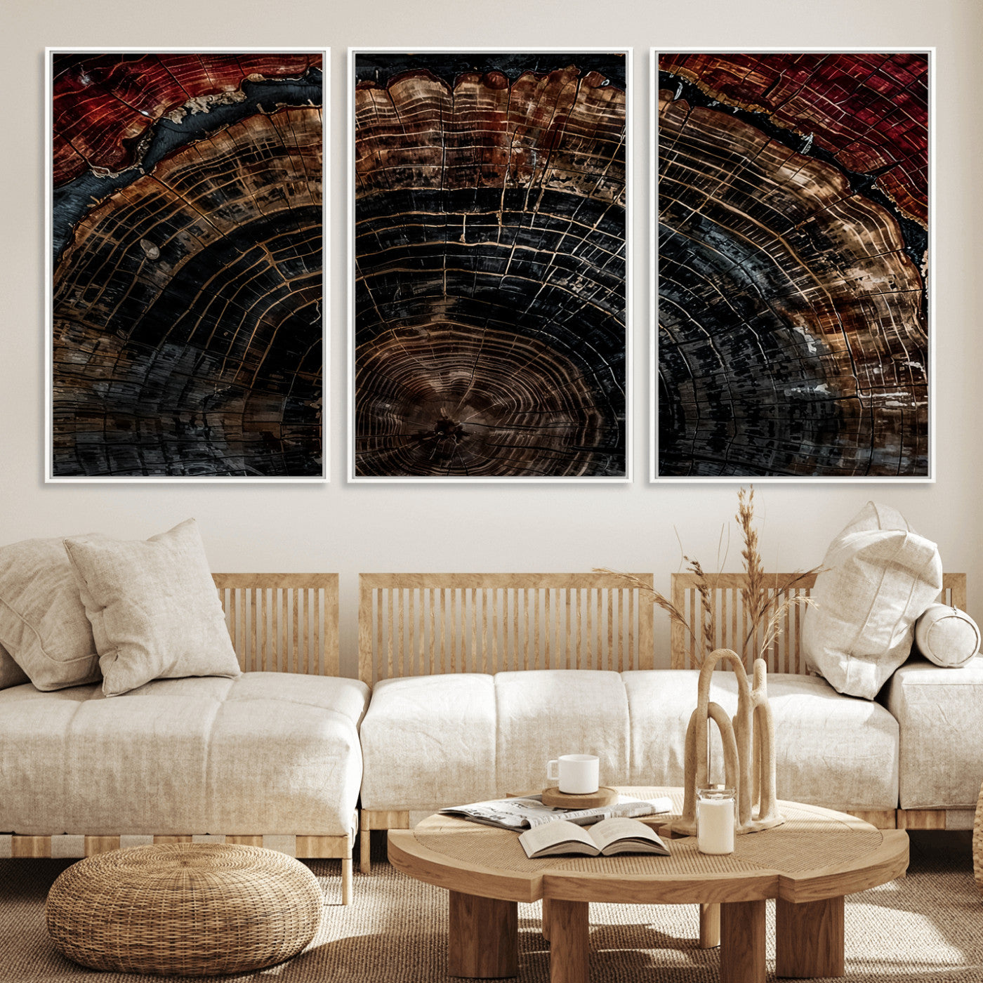 MGV-FC-60X30-3P - Dark Wood Ring Wall Art Canvas Print, Framed Abstract Wood Tree Art Picture Print, Rustic Tree Slice Perfect Rustic Decor Artwork