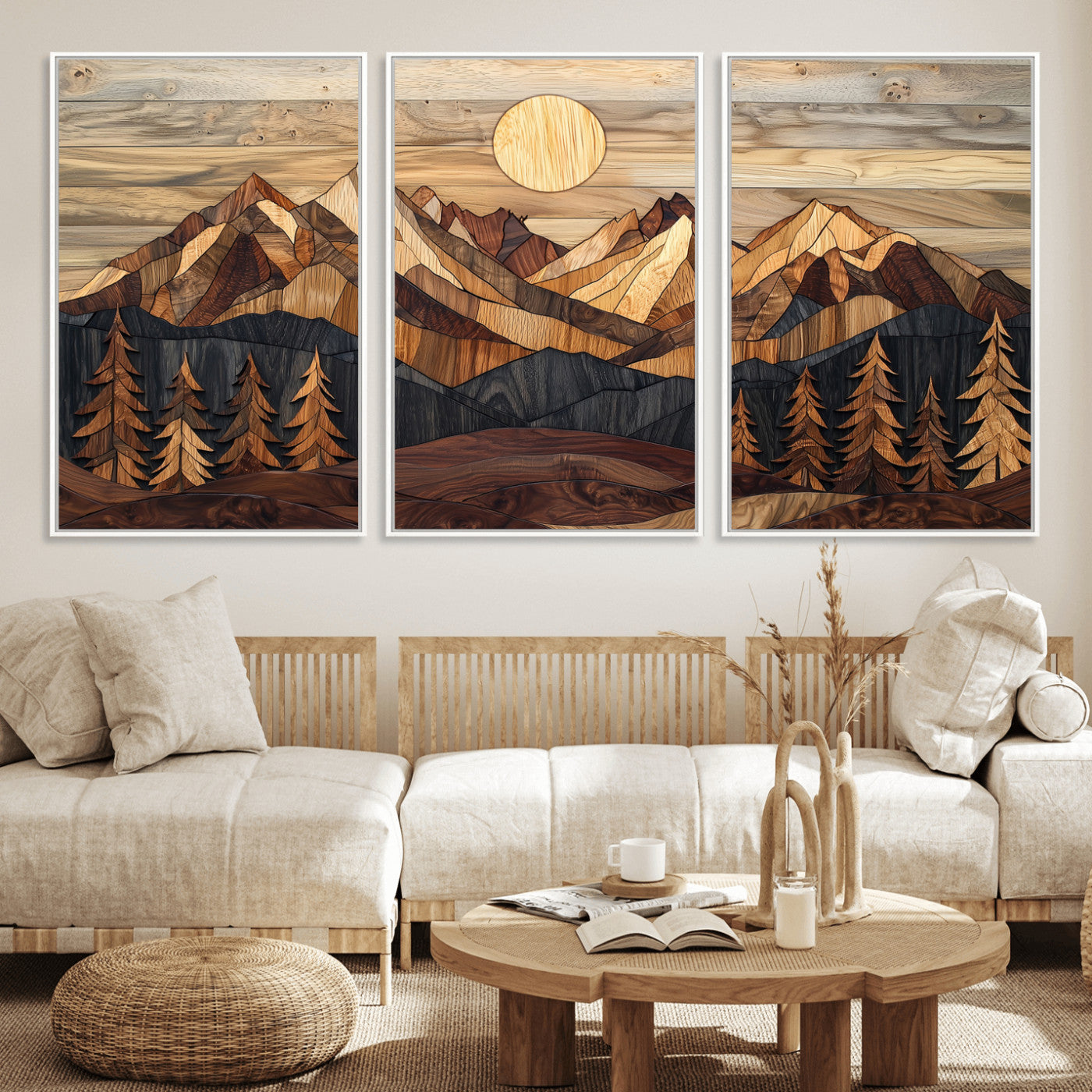 MGV-FC-60X30-3P - Wood Mountain Landscape Wall Art Canvas Print, Framed Sunset Hills Art Picture Print, Abstract Nature Perfect Boho Decor Artwork