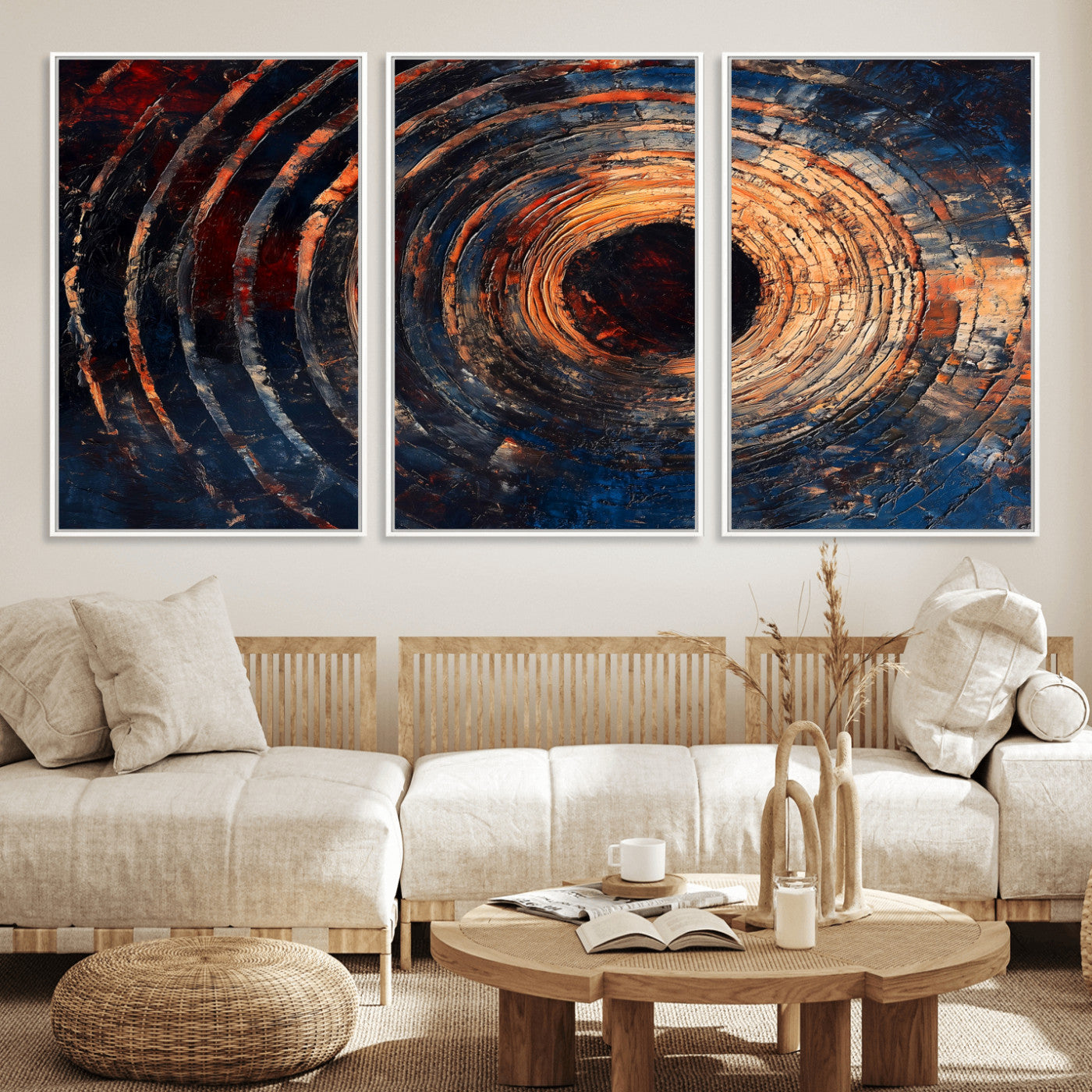 MGV-FC-60X30-3P - Wood Tree Ring Wall Art Canvas Print, Framed Natural Wood Art Picture Print, Rustic Tree Slice Perfect Rustic Decor Artwork