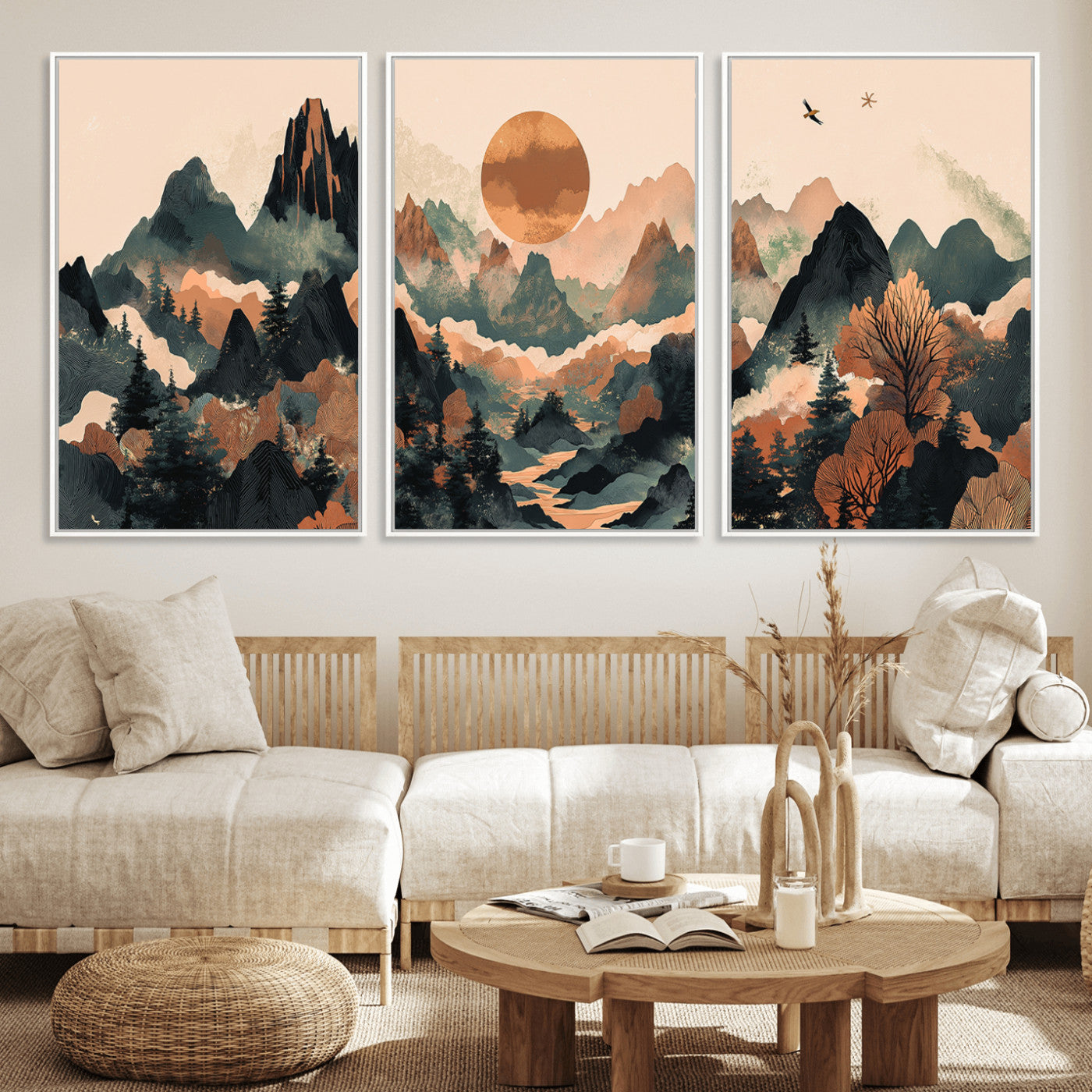 MGV-FC-60X30-3P - Wood Mountain Landscape Wall Art Canvas Print, Framed Sunset Hills Art Picture Print, Abstract Nature Perfect Boho Decor Artwork