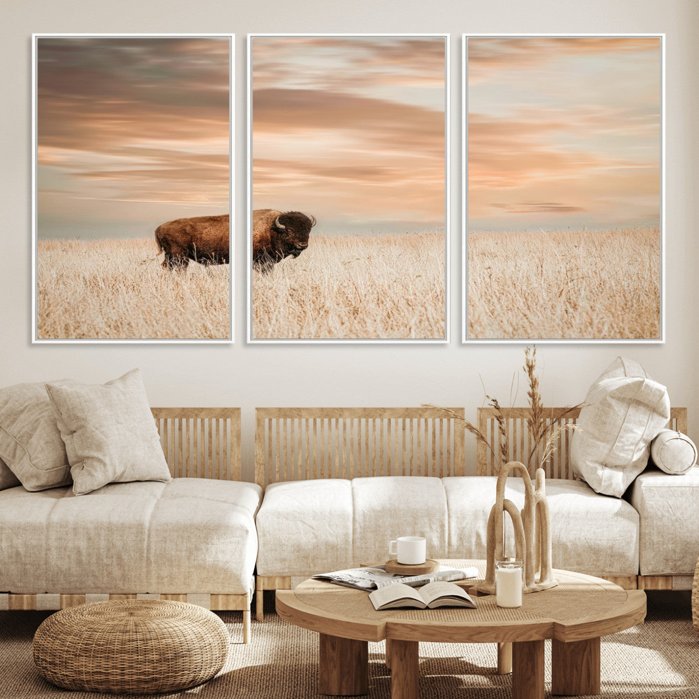 MGV-FC-60X30-3P - Bison Wall Art Canvas Print, Framed Buffalo Art Picture Print, Western Prairie Perfect Rustic Decor Artwork