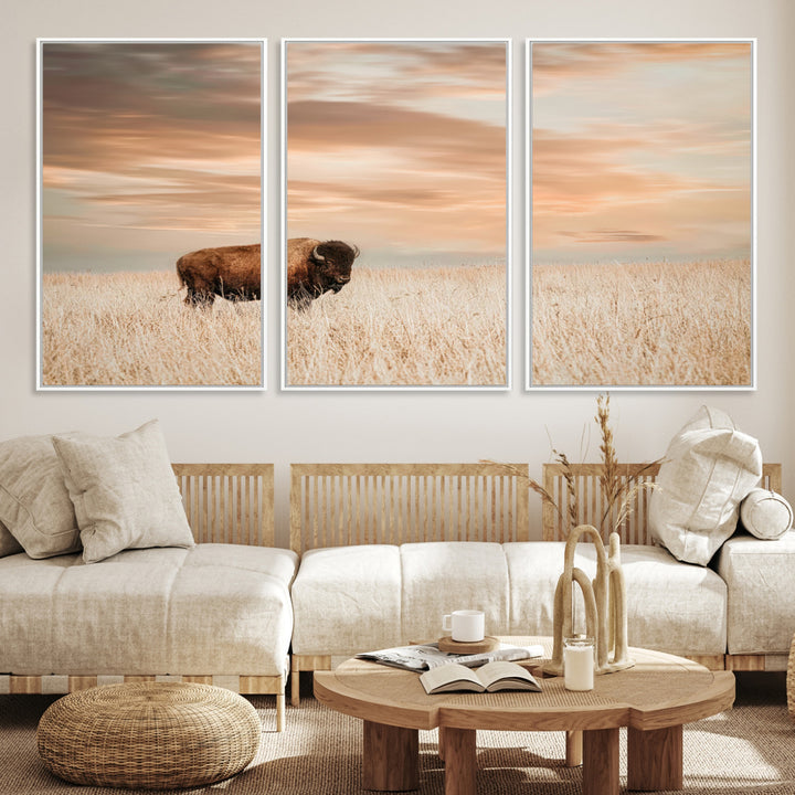 Bison Wall Art Canvas Print, Buffalo Print, Framed Western Prairie Art Print, Large Rustic Wildlife Printing Perfect for Rustic Decor