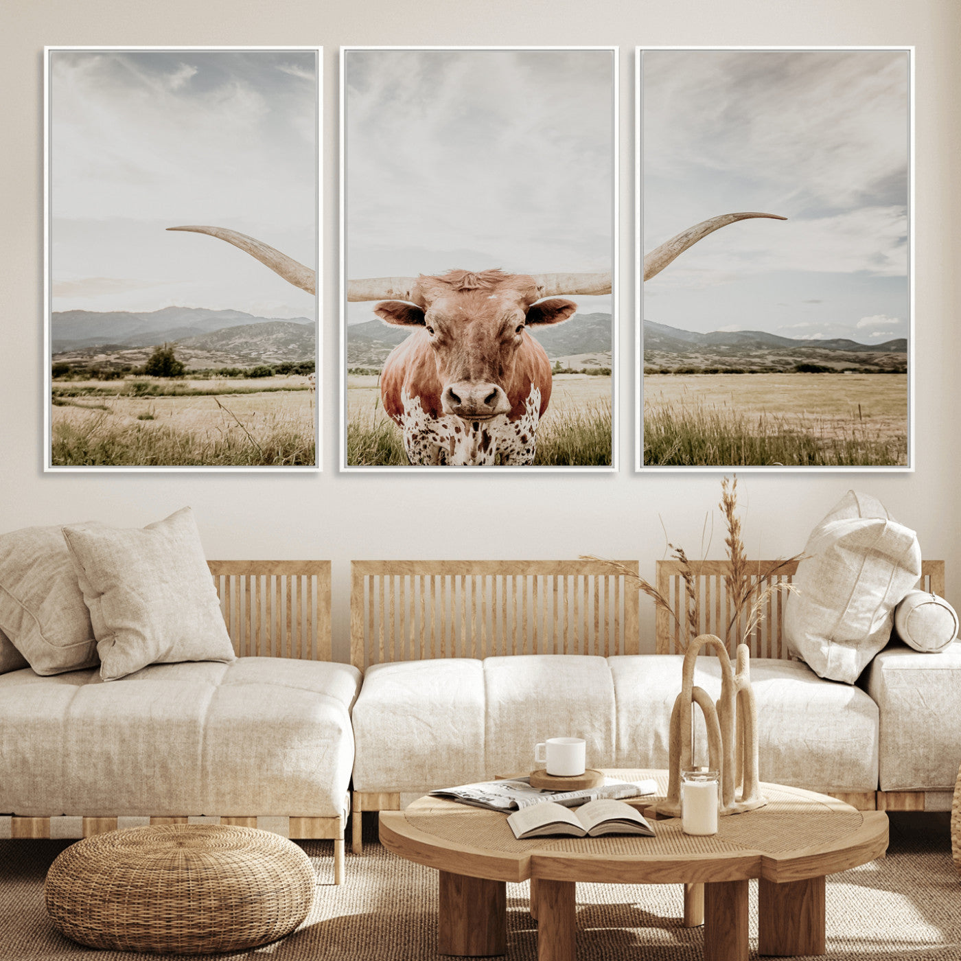 MGV-FC-60X30-3P - Texas Longhorn Wall Art Canvas Print, Framed Western Cow Art Picture Print, Rustic Farmhouse Perfect Farmhouse Decor Artwork