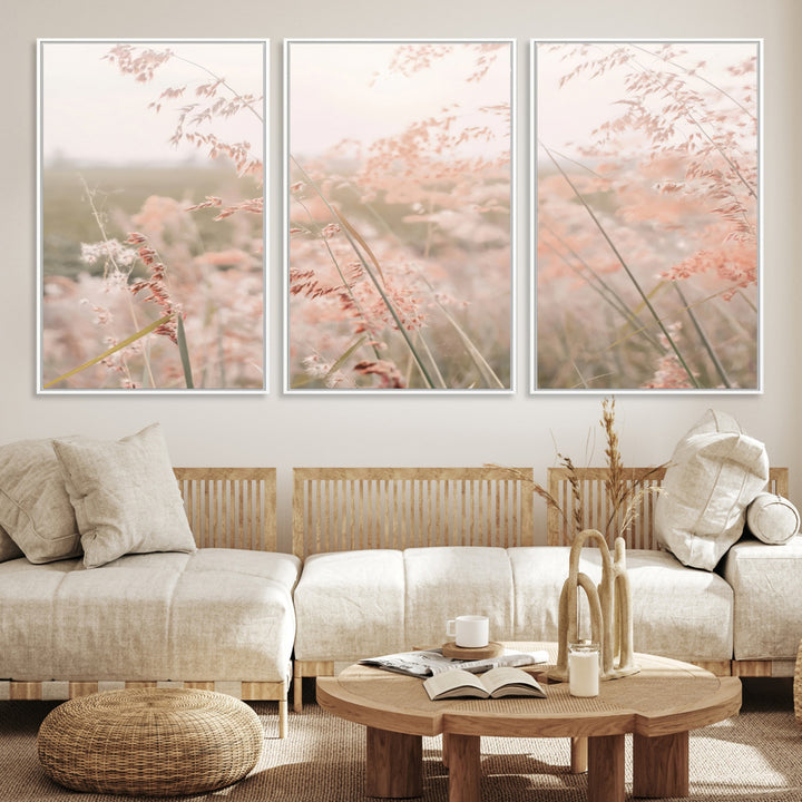 Pastel Grasses Wall Art Canvas Print, Soft Meadow Print, Framed Field in Breeze Art Print, Large Pink Meadow Printing Soft Pastel