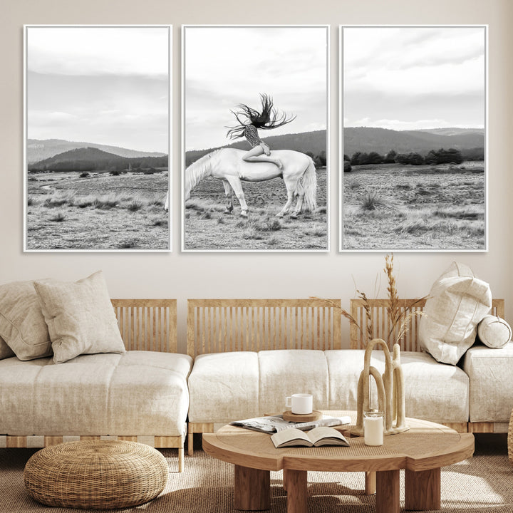 White Horse Wall Art Canvas Print, Woman Rider Print, Framed Equestrian Pose Art Print, Large Grazing Horse Printing Western Boho