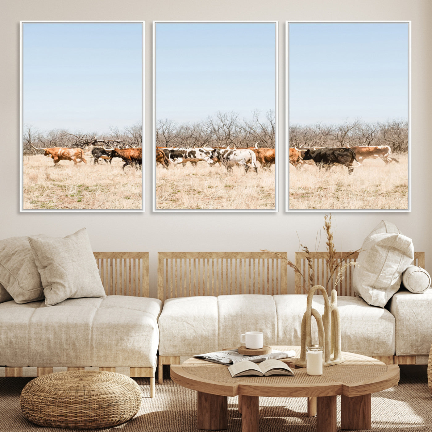 16563092-MGV-CV-36X24-Texas Longhorns Wall Art Canvas Print, Western Cattles Print Wall Art, Framed Rustic Herd Art Print, Large Country Cows Printing Rustic