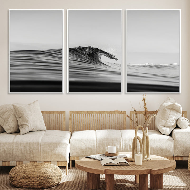 Black Wave Wall Art Canvas Print, Abstract Surf Print, Framed Minimalist Ocean Art Print, Large Black Water Printing Minimalist