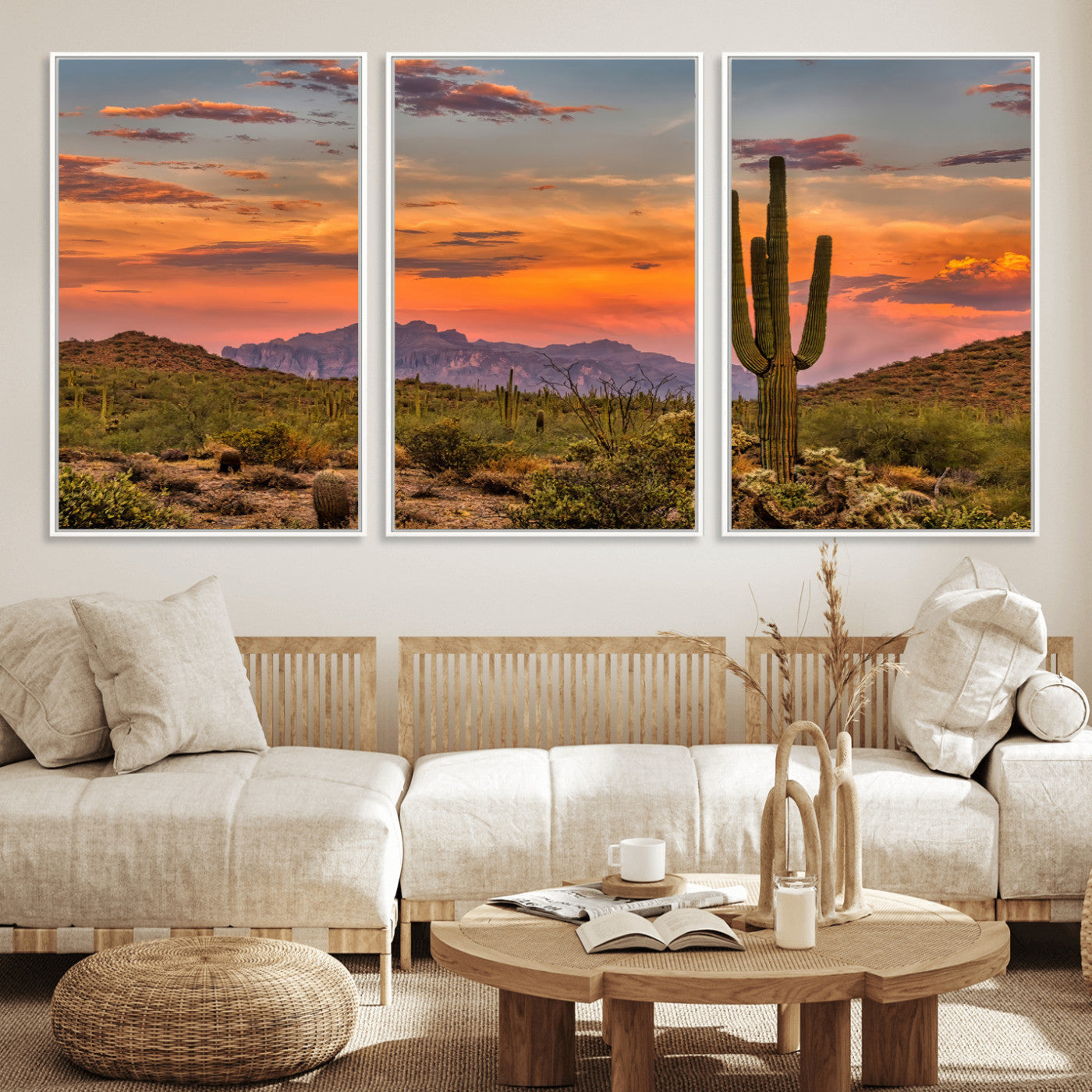MGV-FC-60X30-3P - Saguaro Cactus Wall Art Canvas Print, Framed Arizona Sunset Art Picture Print, Sonoran Desert Perfect Southwestern Boho Decor Artwork