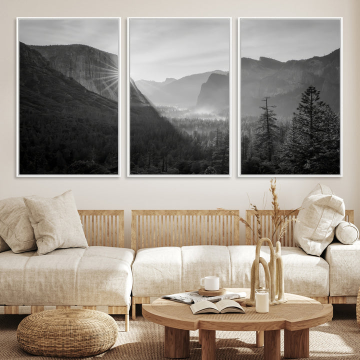 Yosemite Valley Wall Art Canvas Print, El Capitan Sunrise Print, Framed Misty Mountain Art Print, Large Monochrome Valley Printing