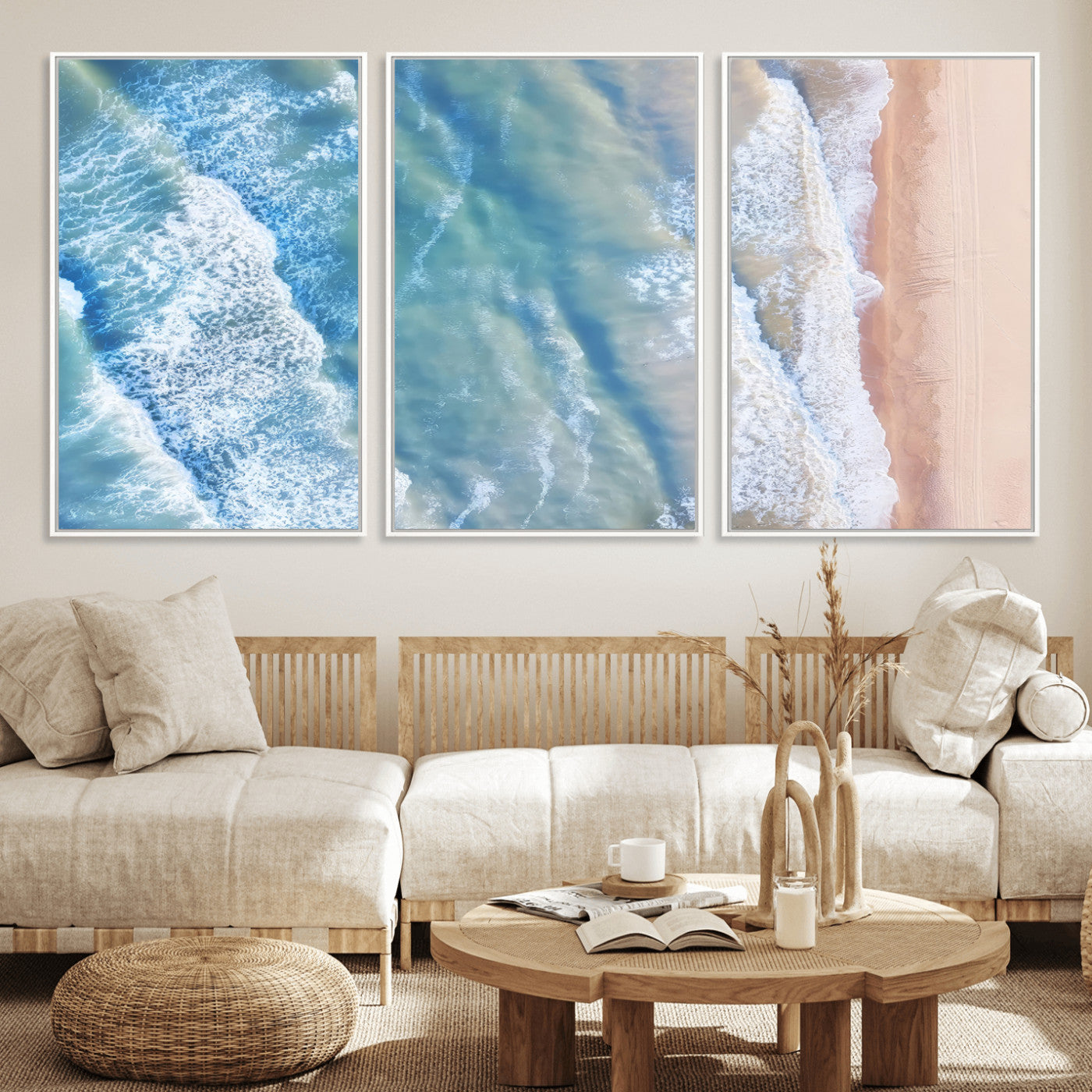 MGV-FC-60X30-3P - Aerial Ocean View Wall Art Canvas Print, Framed Soft Blue Waves Art Picture Print, Sandy Shoreline Perfect Modern Coastal Decor Artwork