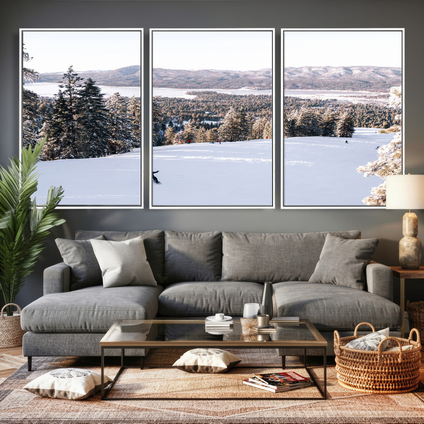79857868-MGV-CV-36X24 - Snowboarder Wall Art – Winter Slope Canvas Print, Pine Forest, Snow-Covered Mountains, Outdoor Adventure for Living Room or Cabin Decor
