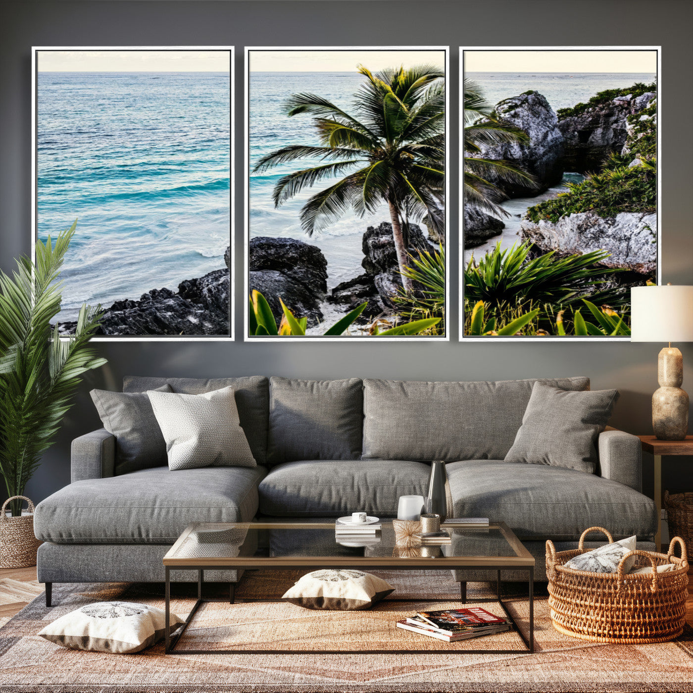 94669907-MGV-CV-36X24 - Tropical Palm Wall Art – Coastal Rocks Canvas Print, Ocean Breeze, Sandy Shore, Vibrant Green Foliage for Living Room or Beach House Decor