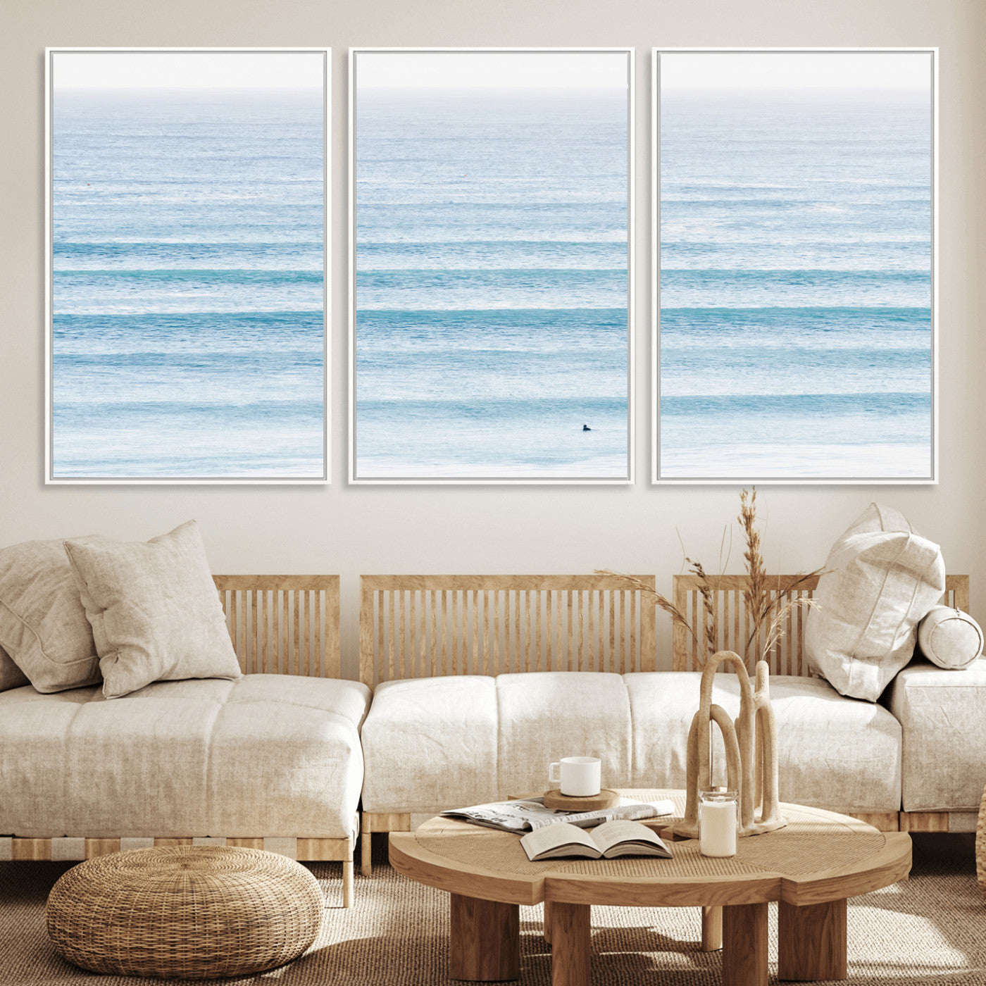 77145995-MGV-FC-60X30-3P_White-Ocean Wave Surfer Wall Art – Framed Minimal Seascape Canvas Artwork, Calm Blue Water Design, Coastal Decor for Home, Office