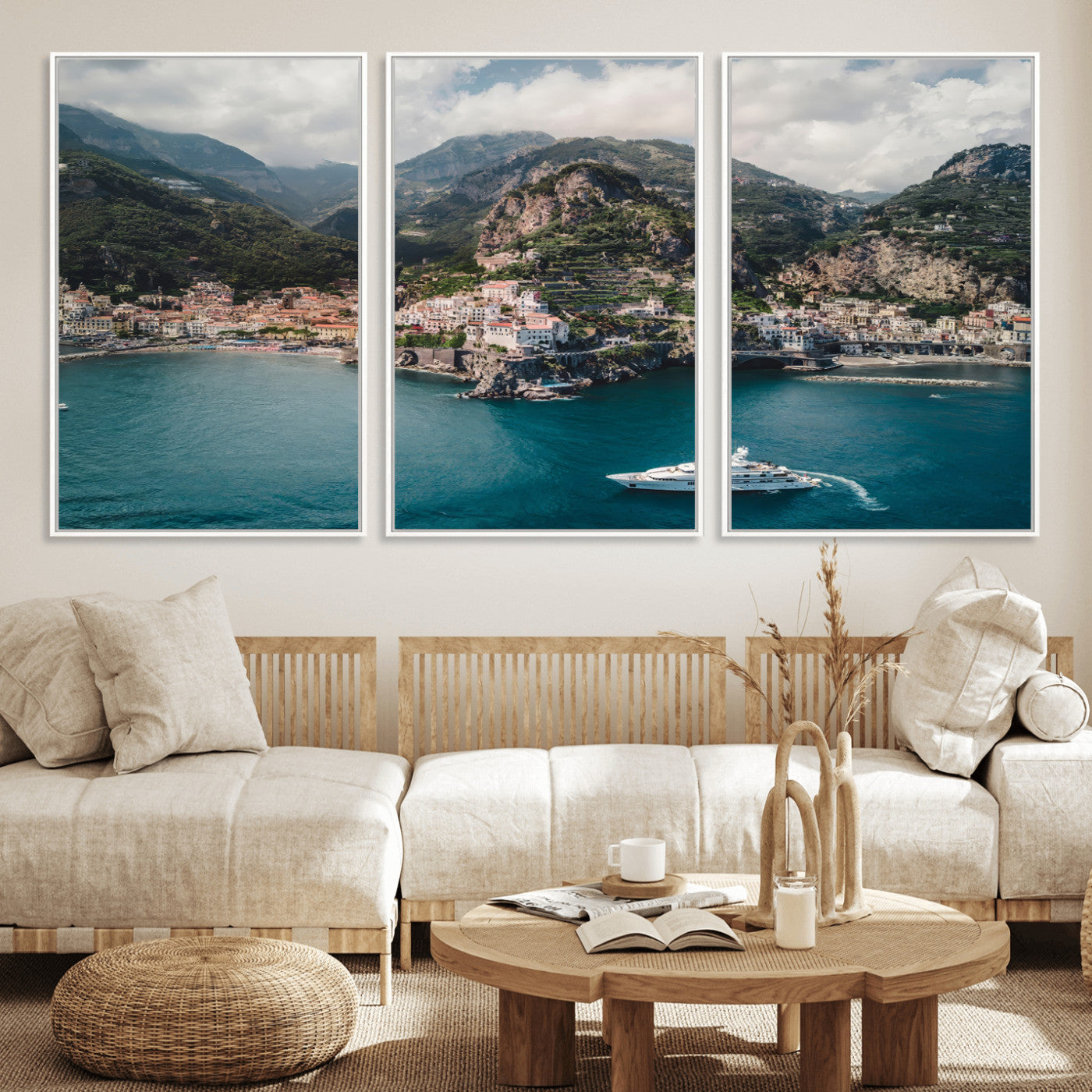 20321590-MGV-FC-60X30-3P_White-Amalfi Coast Wall Art – Framed Italian Seaside Canvas Artwork, Mediterranean Landscape Design, Coastal Decor for Home, Office