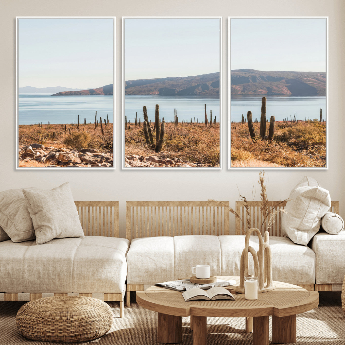 MGV-FC-60X30-3P - Desert Cactus Wall Art Canvas Print, Framed Baja Coastline Art Picture Print, Coastal Desert Perfect Southwestern Minimalist Decor Artwork