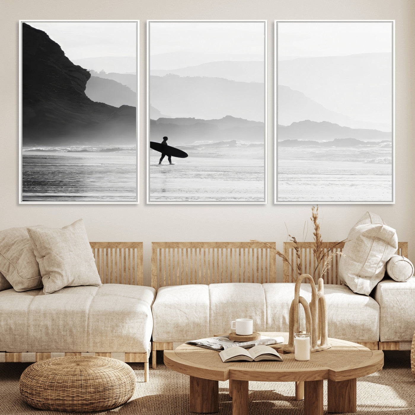 MGV-FC-60X30-3P - Surfer In Fog Wall Art Canvas Print, Framed Moody Shoreline Art Picture Print, Cliffside Waves Perfect Minimalist Coastal Decor Artwork