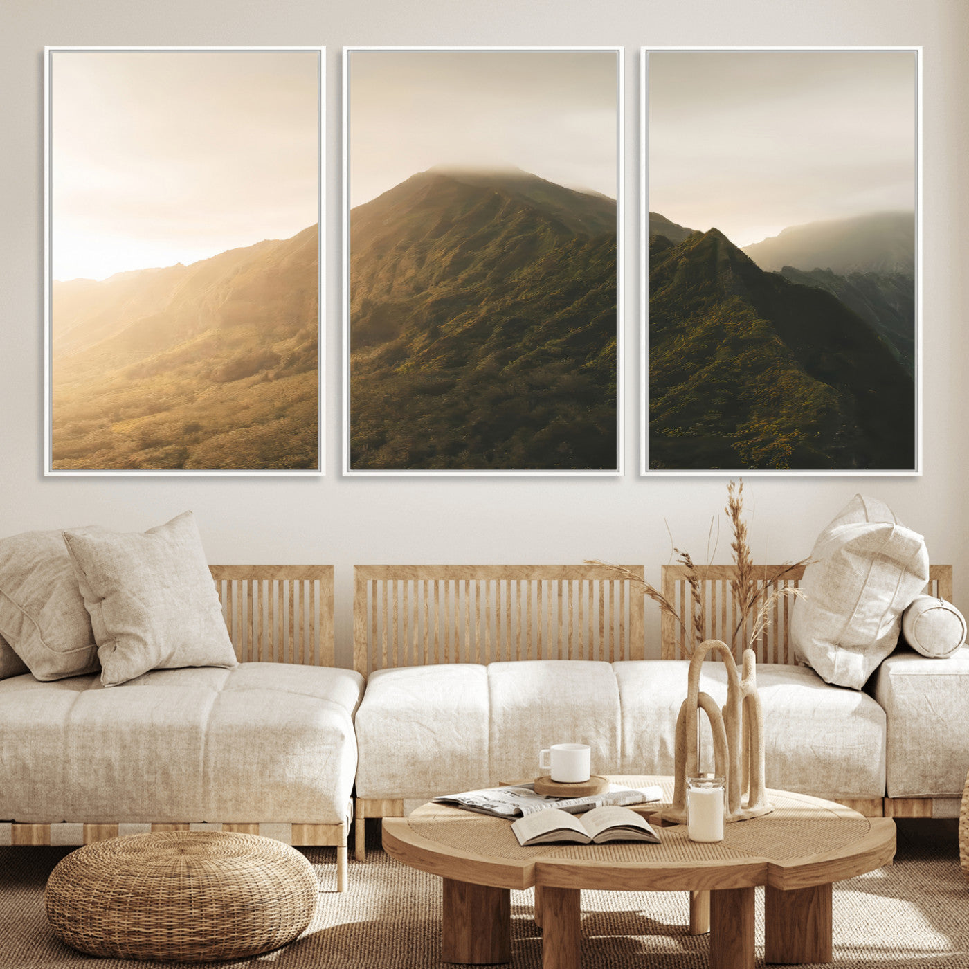 42338636-MGV-FC-60X30-3P_White-Mountain Wall Art – Framed Sunset Landscape Canvas Artwork, Serene Nature Design, Rustic Decor for Home, Office