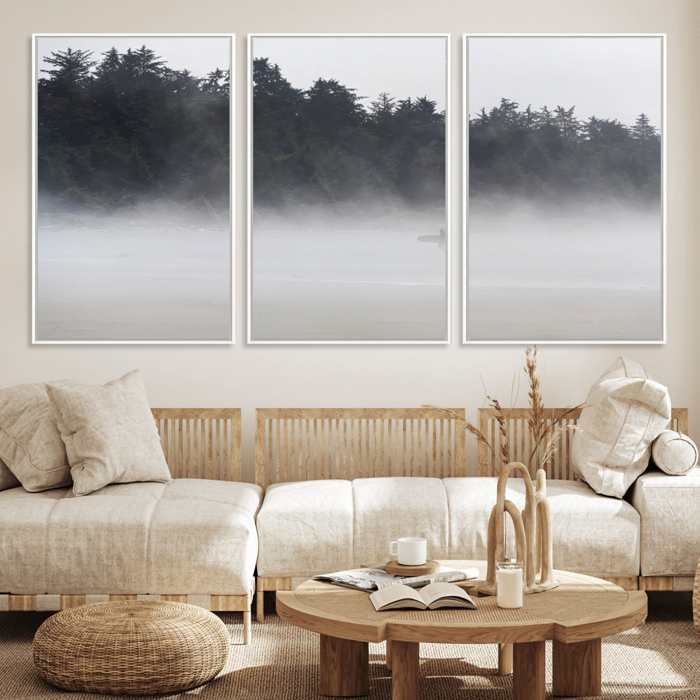 59703275-MGV-FC-60X30-3P_White-Surfer Fog Wall Art Canvas Print – Framed Foggy Beach Scene with Coastal Surf Artwork for Home, Office, Living Room