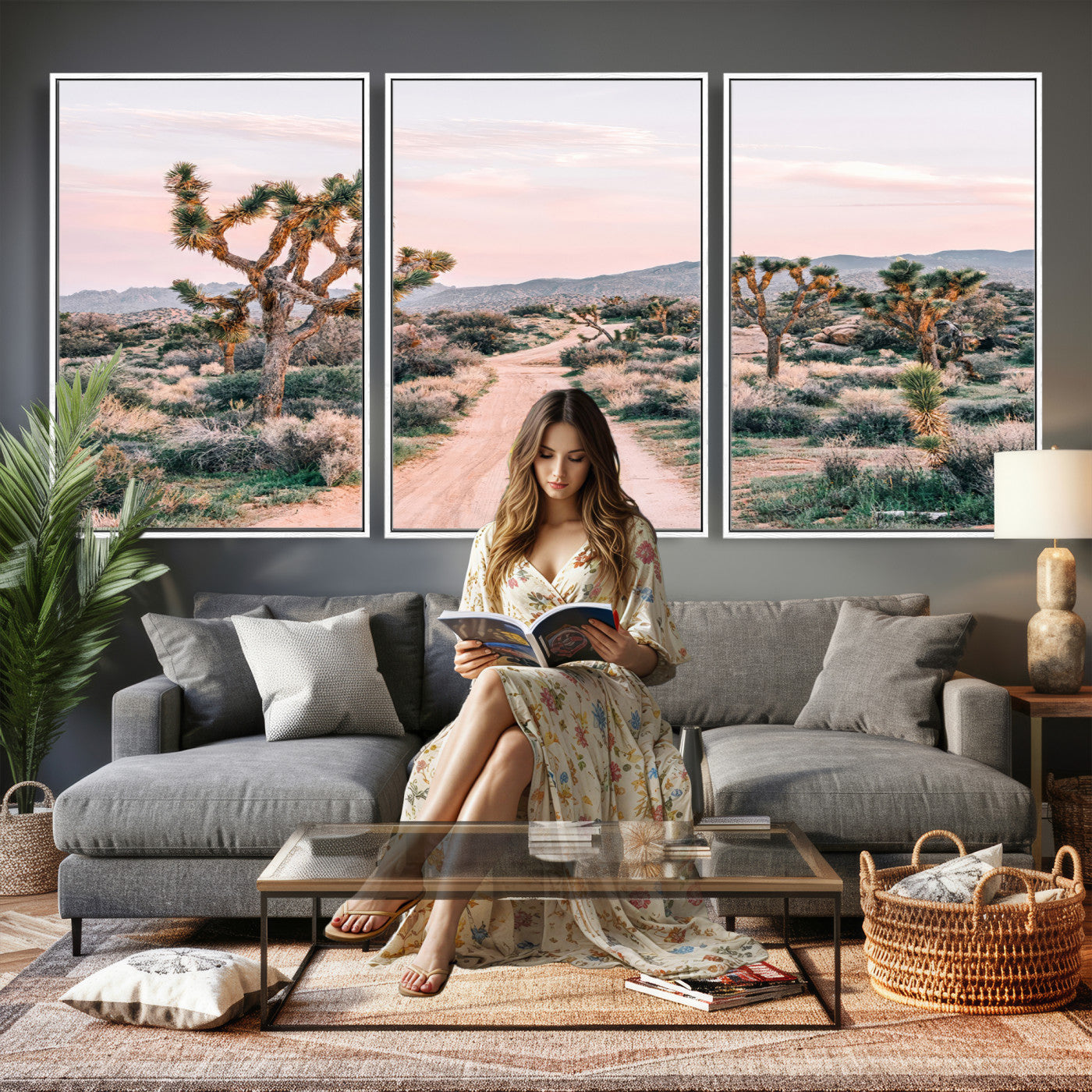 12540952-MGV-CV-36X24 - Desert Trail Wall Art – Canvas Print of Joshua Trees & Sunset Glow, Sandy Path Wilderness, Scenic Nature Escape Decor for Living Room, Office or Bedroom