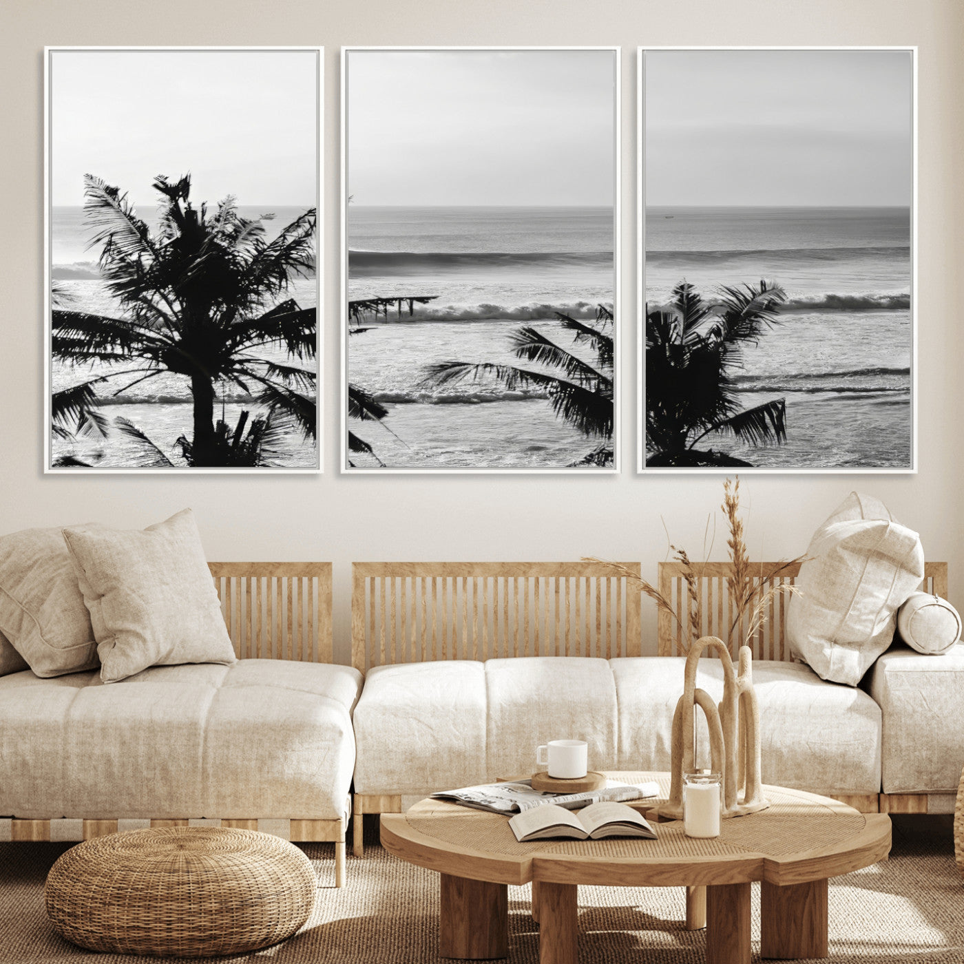 17508038-MGV-FC-60X30-3P_White-Tropical Coastline Wall Art Canvas Print – Framed Palm Trees Scene with Ocean Waves Artwork for Home, Office