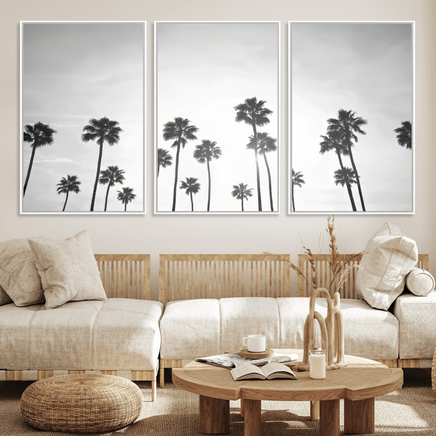 62298277-MGV-FC-60X30-3P_White-Monochrome Palms Wall Art Canvas Print – Framed Minimalist Silhouetted Trees Artwork for Home, Office, Living Room