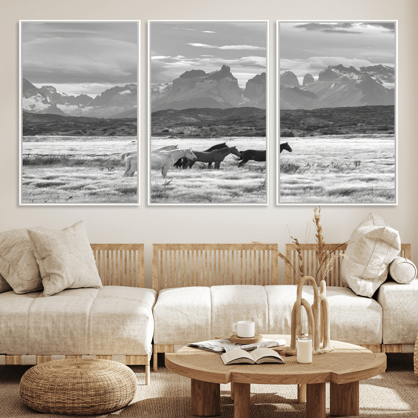 MGV-FC-60X30-3P - Wild Horses Wall Art Canvas Print, Framed Black White Mountains Art Picture Print, Rustic Countryside Perfect Rustic Western Decor Artwork