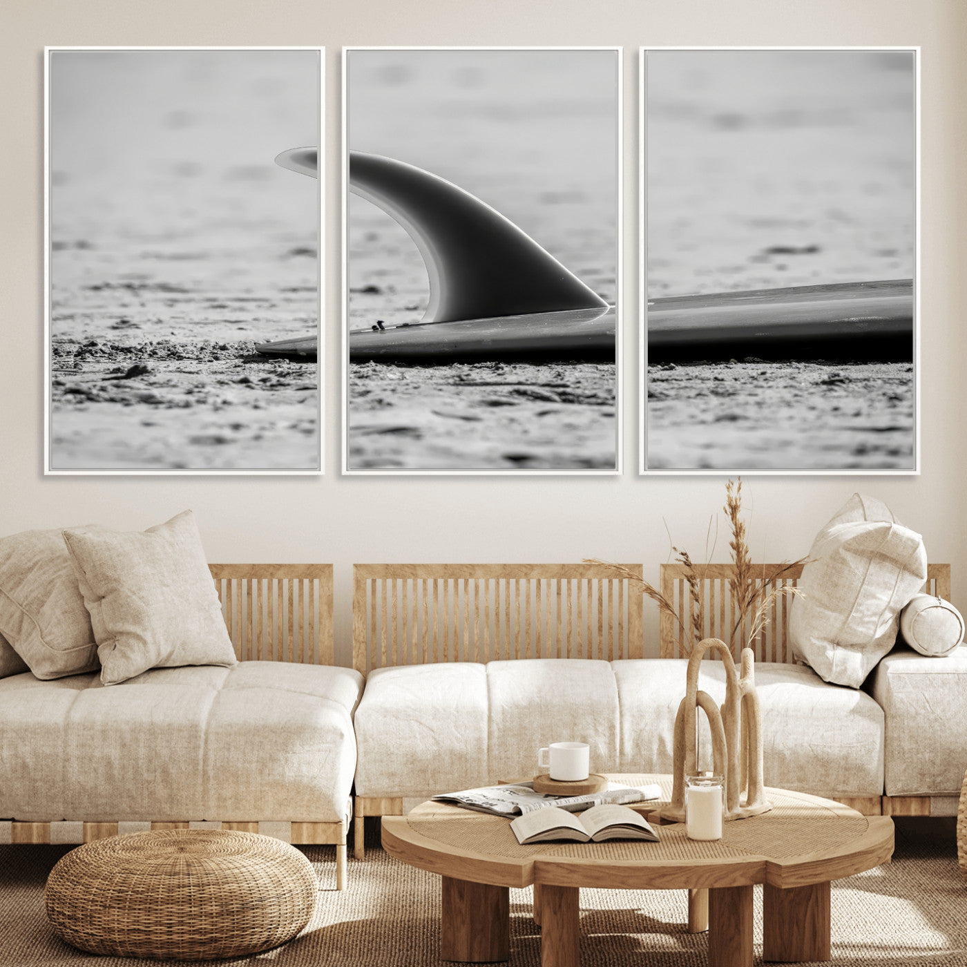 MGV-FC-60X30-3P - Black White Surfboard Wall Art Canvas Print, Framed Minimalist Beach Art Picture Print, Surf Fin Perfect Minimalist Coastal Decor Artwork