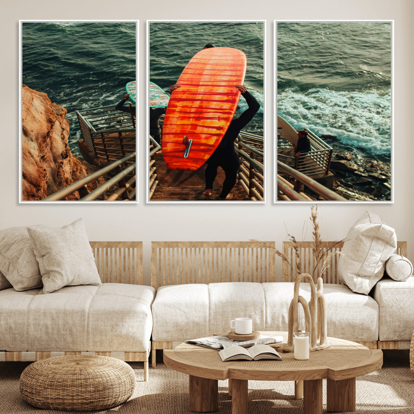 MGV-FC-60X30-3P - Surfer Stairway Wall Art Canvas Print, Framed Ocean Surf Art Picture Print, Sunset Coastal Perfect Coastal Adventure Decor Artwork