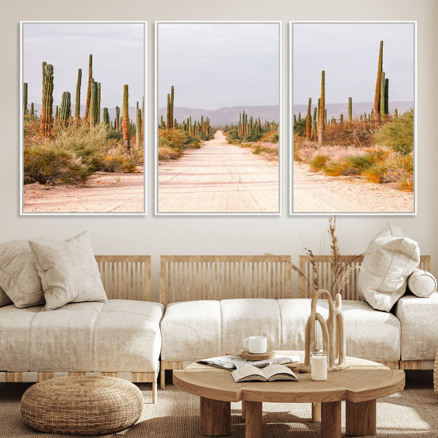 MGV-FC-60X30-3P - Desert Cactus Lined Road Wall Art Canvas Print, Framed Southwestern Landscape Art Picture Print, Bohemian Western Aesthetic Perfect Southwestern Boho Decor Artwork