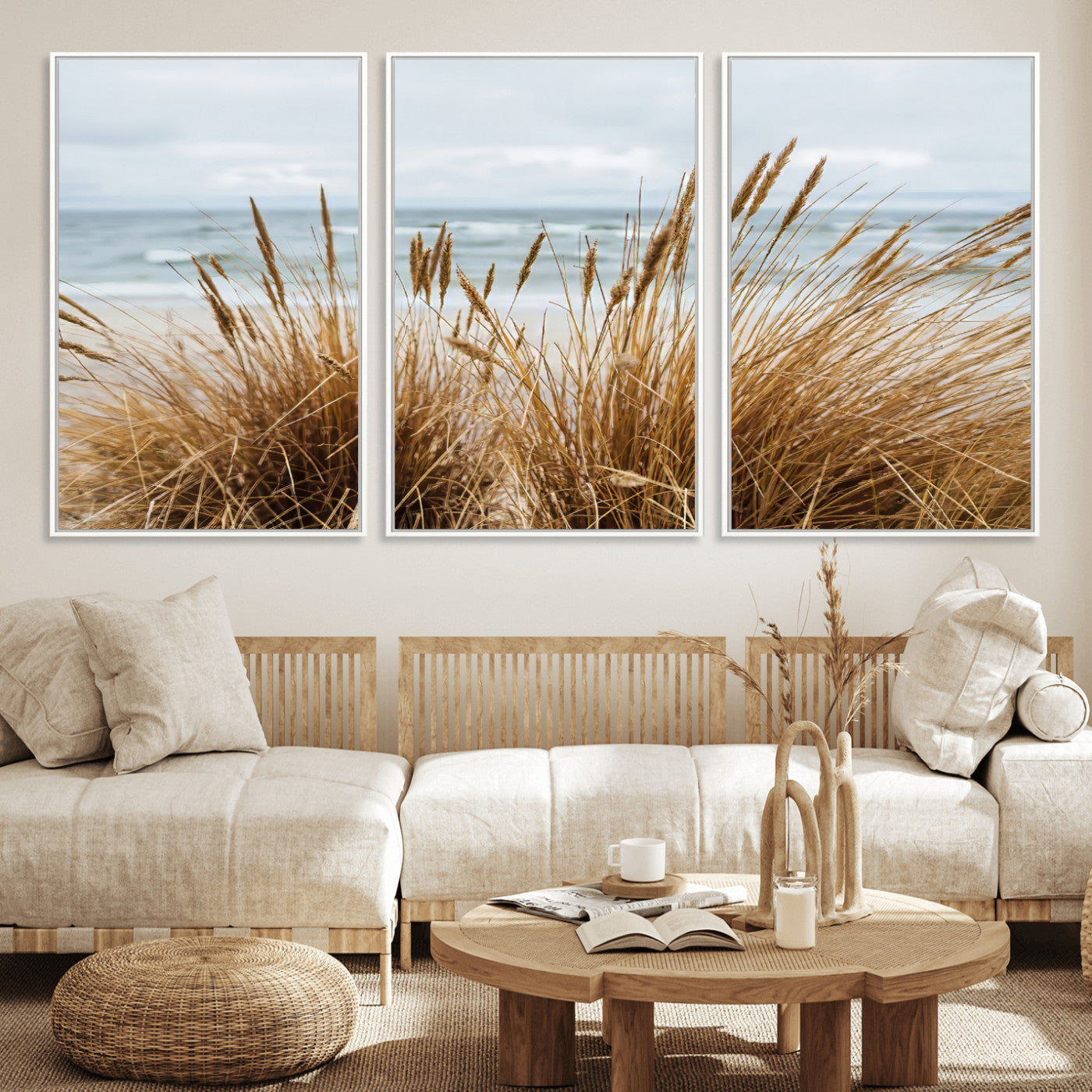 MGV-FC-60X30-3P - Beach Grass Wall Art Canvas Print, Framed Coastal Dunes Art Picture Print, Dune Grass Perfect Coastal Minimalist Decor Artwork