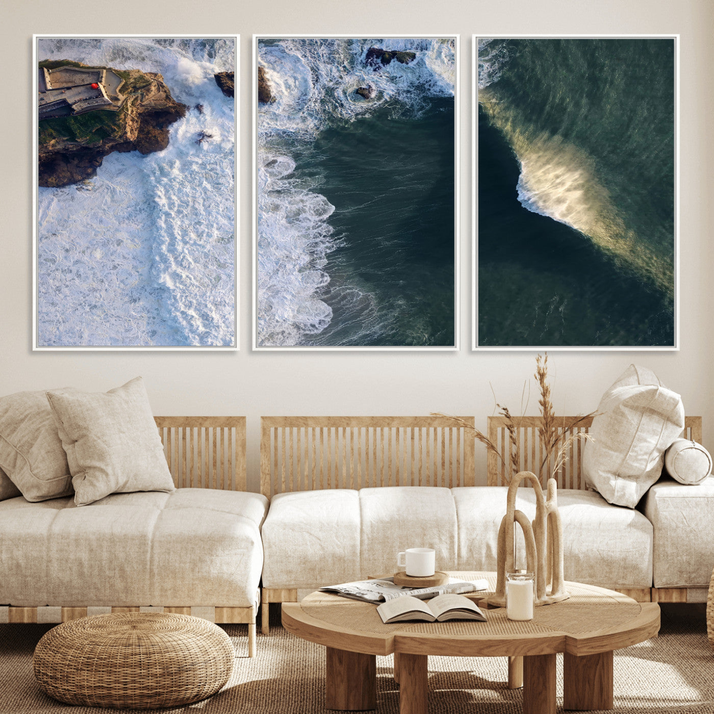 MGV-FC-60X30-3P - Nazaré Coast Wall Art Canvas Print, Framed Aerial Ocean Art Picture Print, Coastal Fortress Perfect Dramatic Coastal Decor Artwork