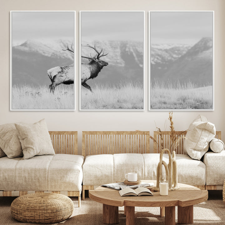 Rustic Elk Wall Art Canvas Print, Wildlife Antler Print, Framed Western Hunting Lodge Art Print, Large Mountain Nature Scene Printing Perfect for Japanese Decor