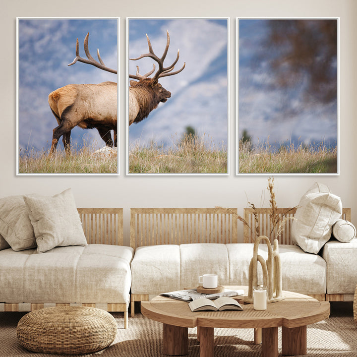 Rustic Elk Wall Art Canvas Print, Wildlife Antler Print, Framed Western Hunting Lodge Art Print