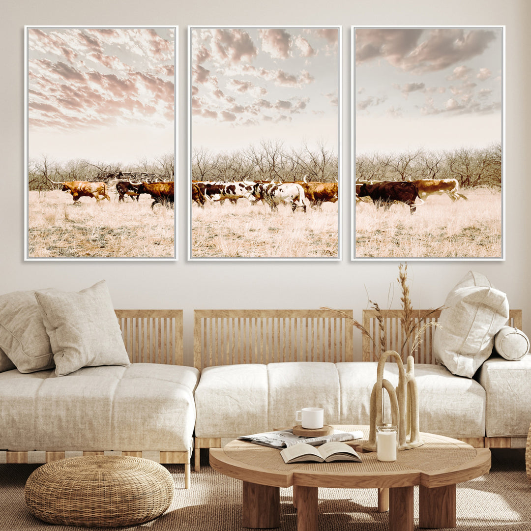 Longhorn Cattle Wall Art Canvas Print, Texas Ranch Print, Framed Western Cow Art Print, Large Prairie Landscape Printing Perfect for Western Decor