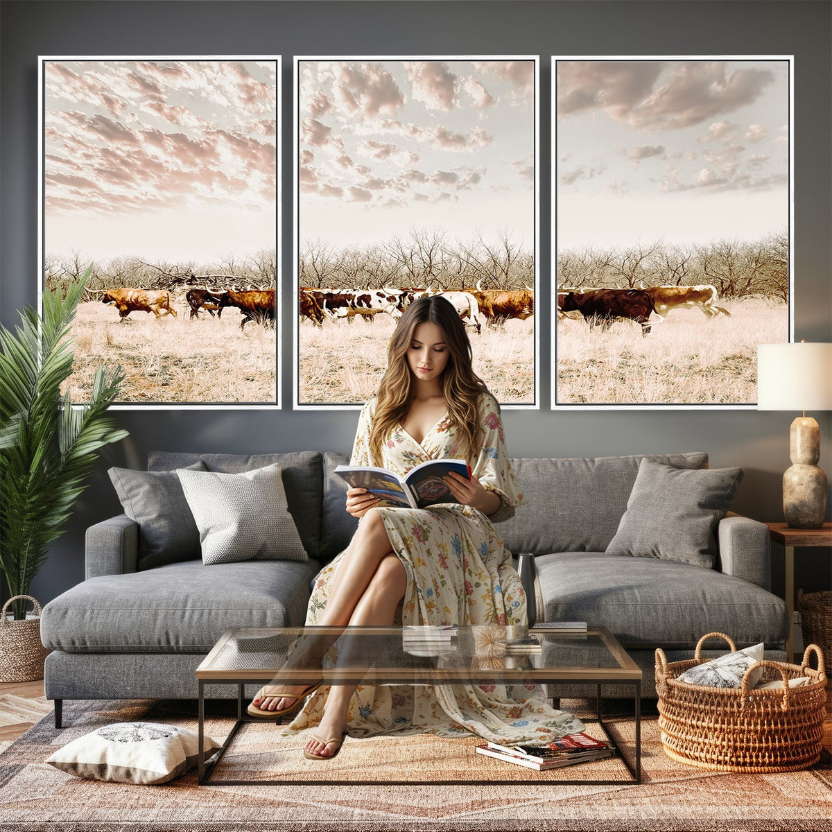 64892775-MGV-CV-24X16 - Longhorn Cattle Wall Art Canvas Print, Framed Texas Ranch Art, Western Cow Print, Prairie Landscape Decor