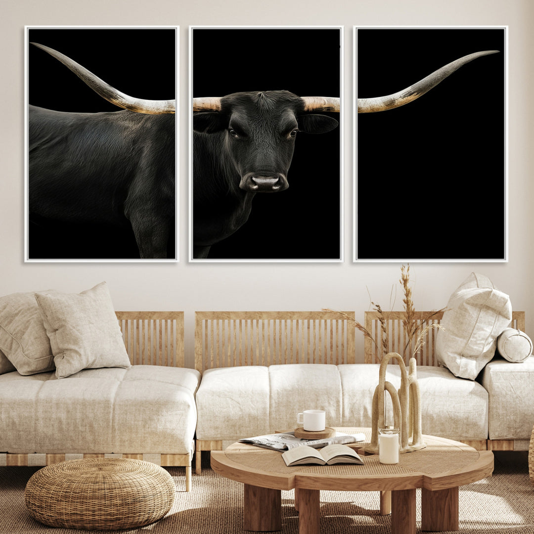 Black White Longhorn Bull Wall Art Canvas Print, Texas Ranch Print, Framed Western Cow Art Print for Farmhouse Decor - Longhorn Print