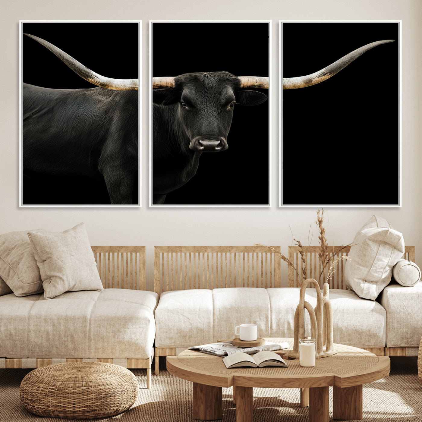 MGV-FC-60X30-3P - Longhorn Cattle Wall Art Canvas Print, Framed Texas Ranch Art Picture Print, Western Cow Perfect Farmhouse Decor Artwork