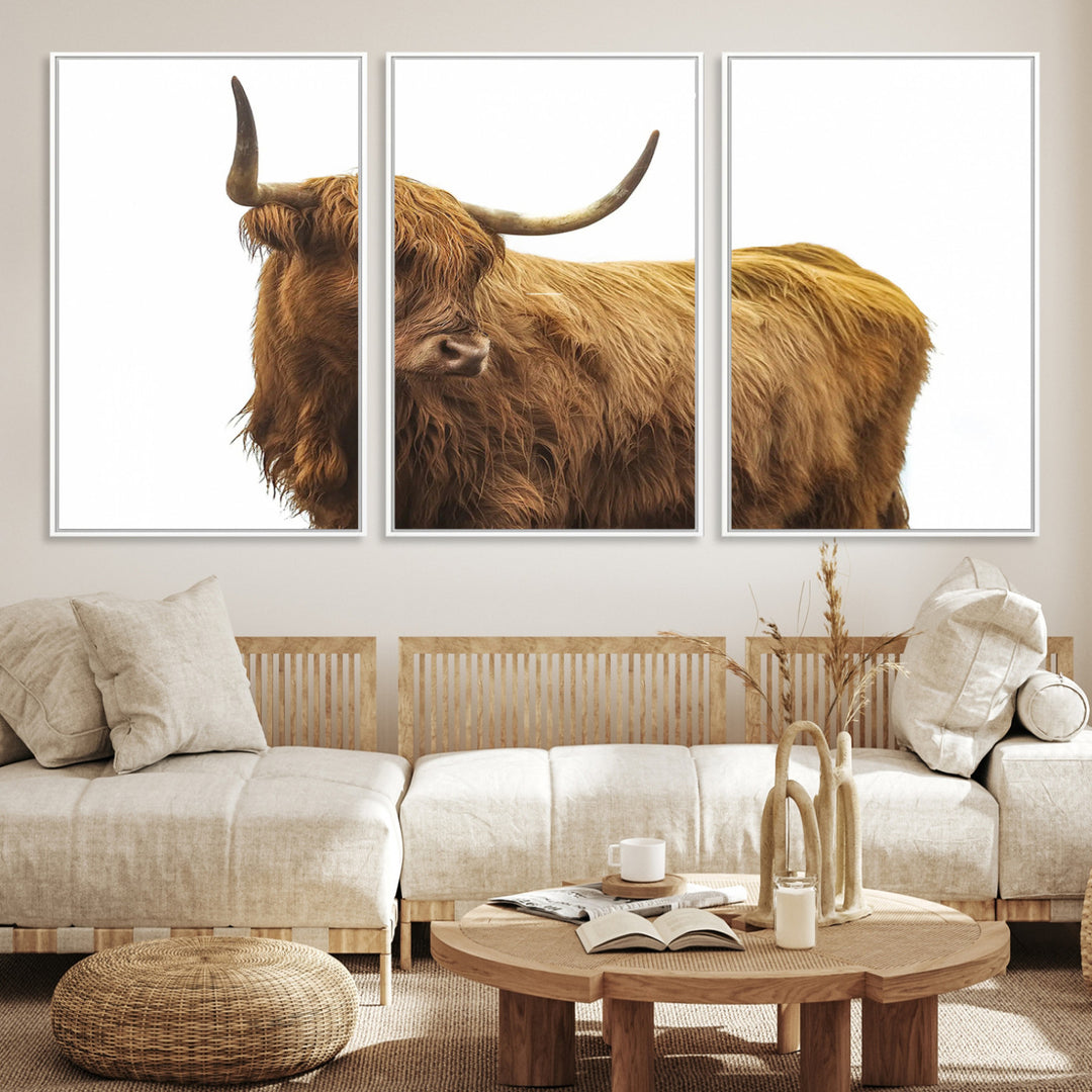 Highland Cow Wall Art Canvas Print, Scottish Bull Print, Framed Rustic Farmhouse Art Print, Large Country Animal Printing Perfect for Farmhouse Decor