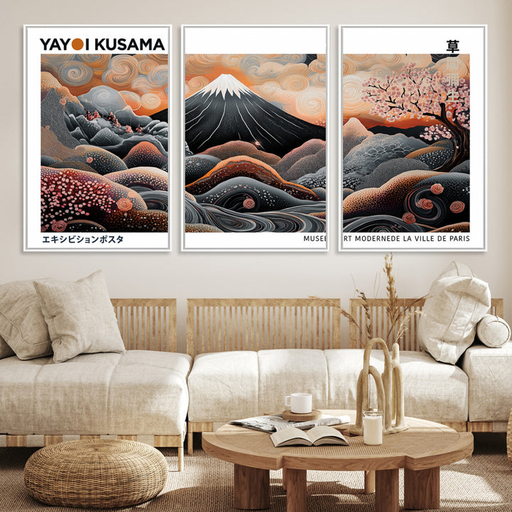 Modern Japanese Wall Art Print, Yayoi Kusama Wall Art Print, Abstract Mount Fuji Canvas Print Japanese Landscape Art Printing