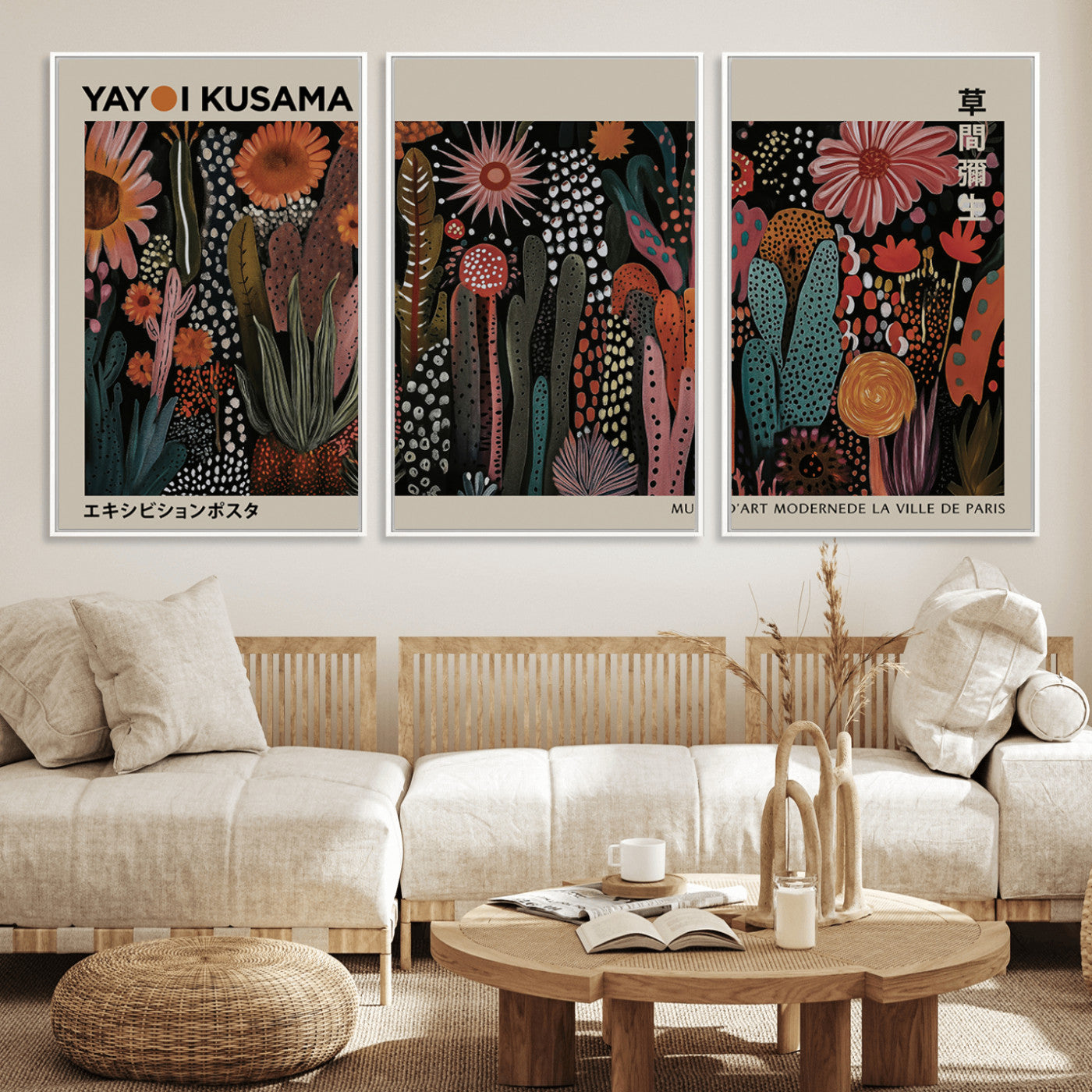 MGV-FC-60X30-3P - Modern Japanese Wall Art Print Yayoi Kusama Canvas Wall Art Abstract Mount Fuji Canvas Print
