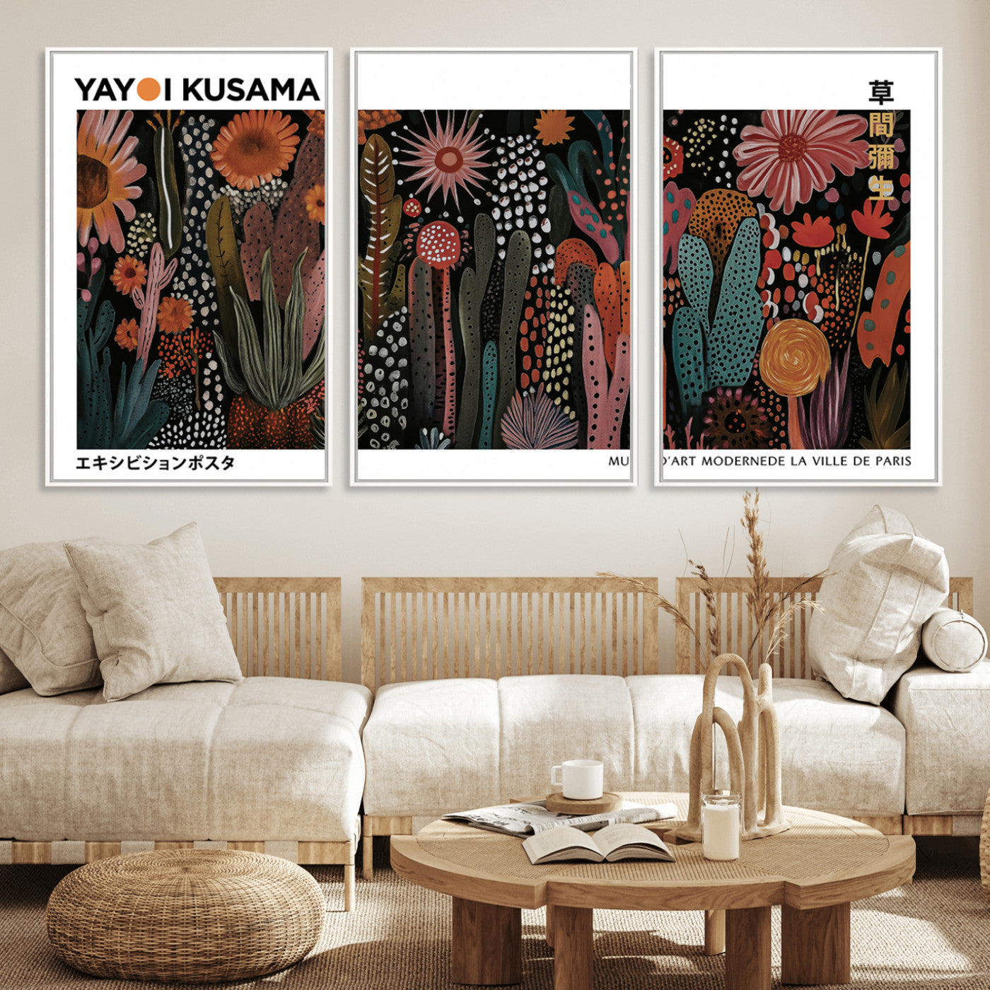 MGV-FC-60X30-3P - Modern Japanese Wall Art Print, Framed Yayoi Kusama Artwork, Abstract Mount Fuji Canvas Print,