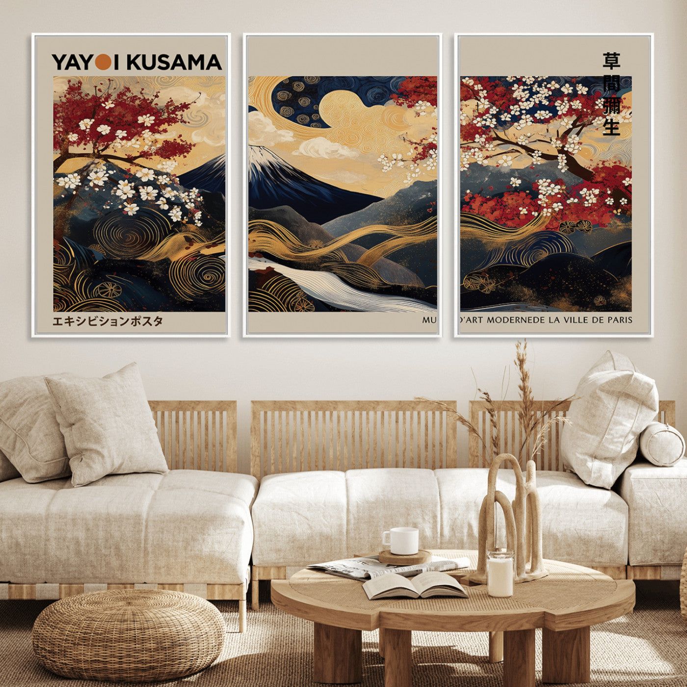 MGV-FC-60X30-3P - Modern Japanese Wall Art, Yayoi Kusama Japanese Print Wall Art, Abstract Mount Fuji Canvas Print,
