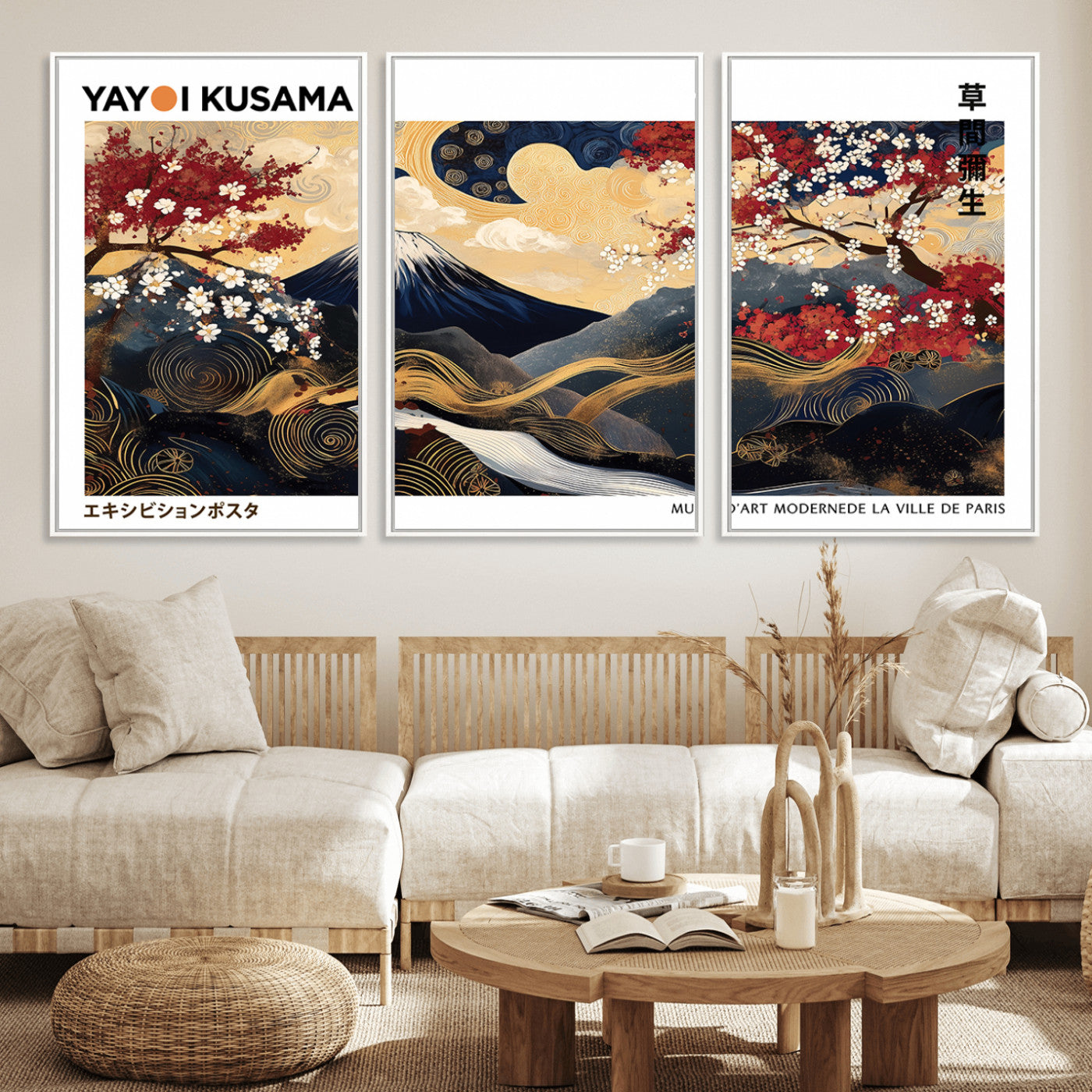 MGV-FC-60X30-3P - Modern Mount Fuji Print, Yayoi Kusama Canvas Wall Art, Abstract Mount Fuji Canvas Print, Japanese