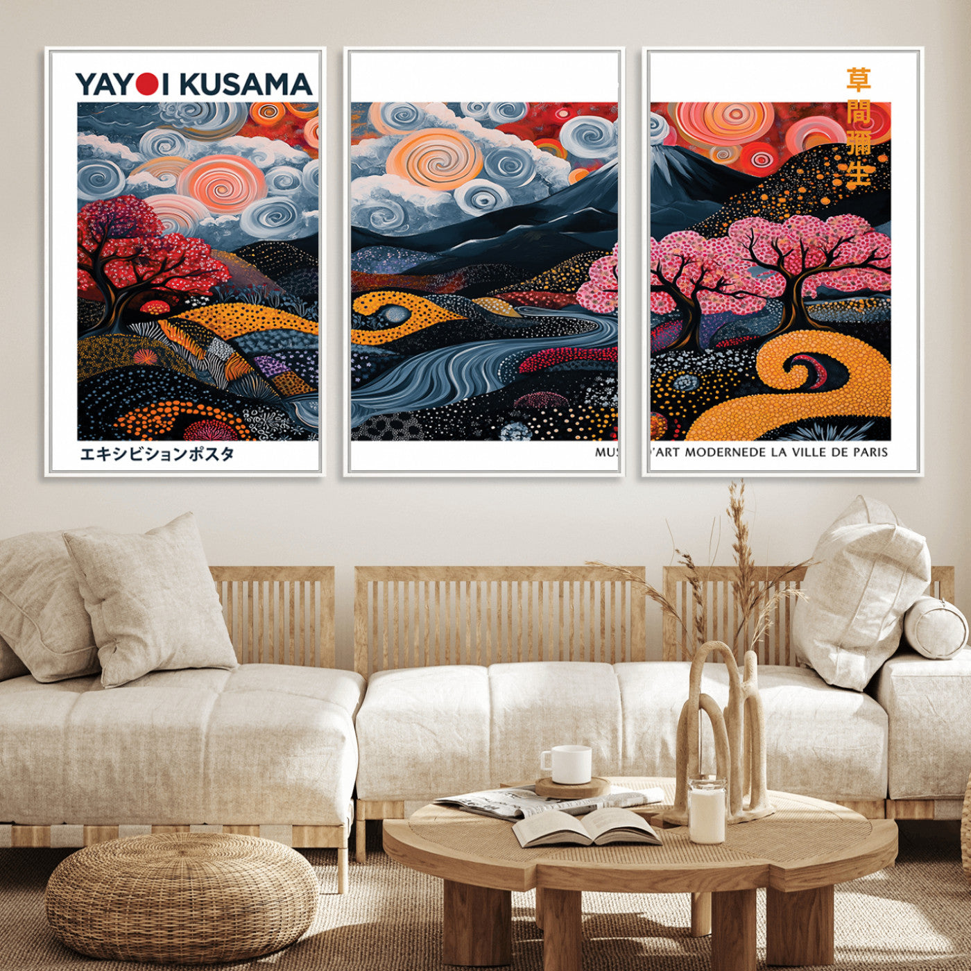 MGV-FC-60X30-3P - Modern Japanese Wall Art Print Yayoi Kusama Canvas Wall Art Abstract Mount Fuji Canvas Print
